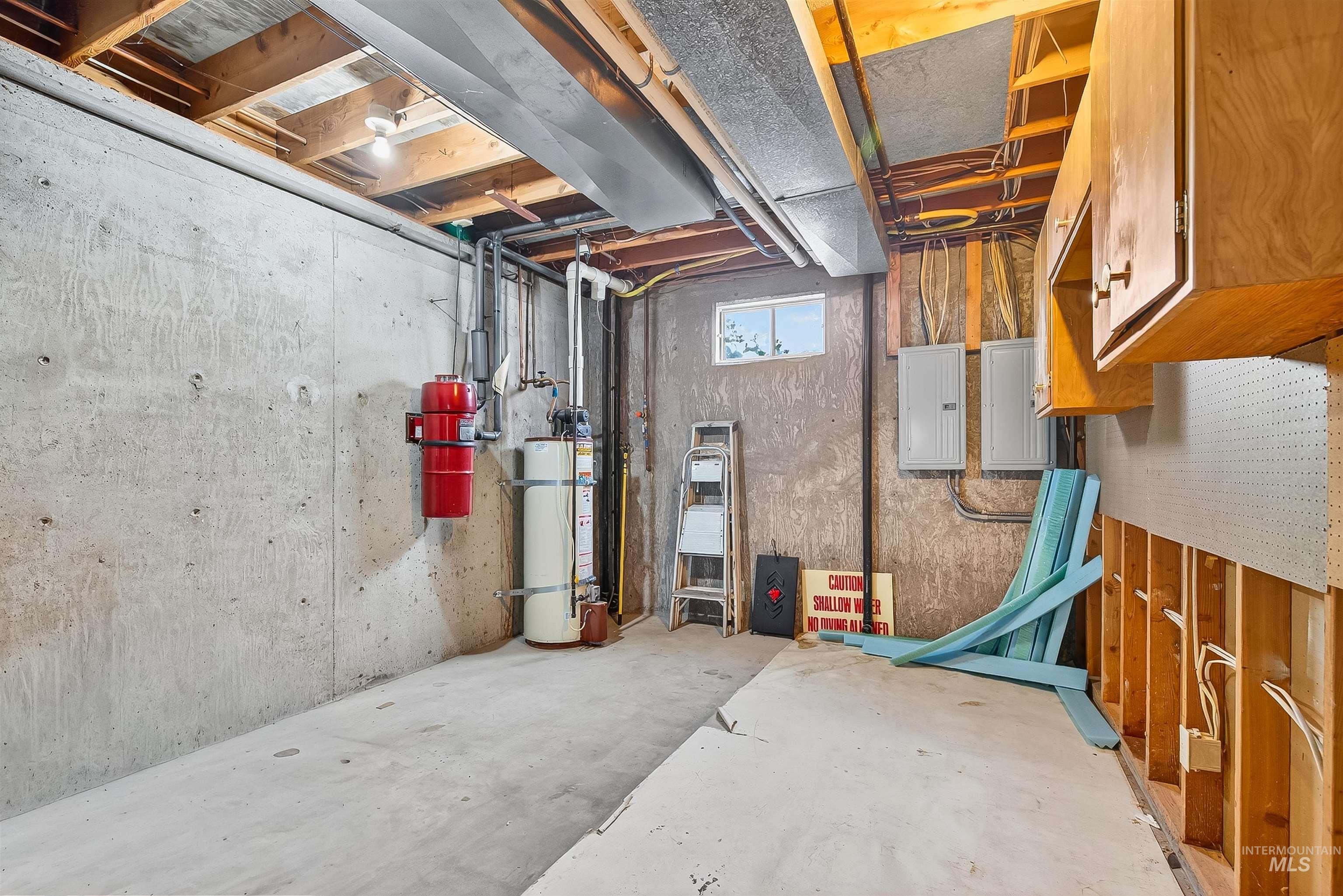 Basement with electric panel and gas water heater