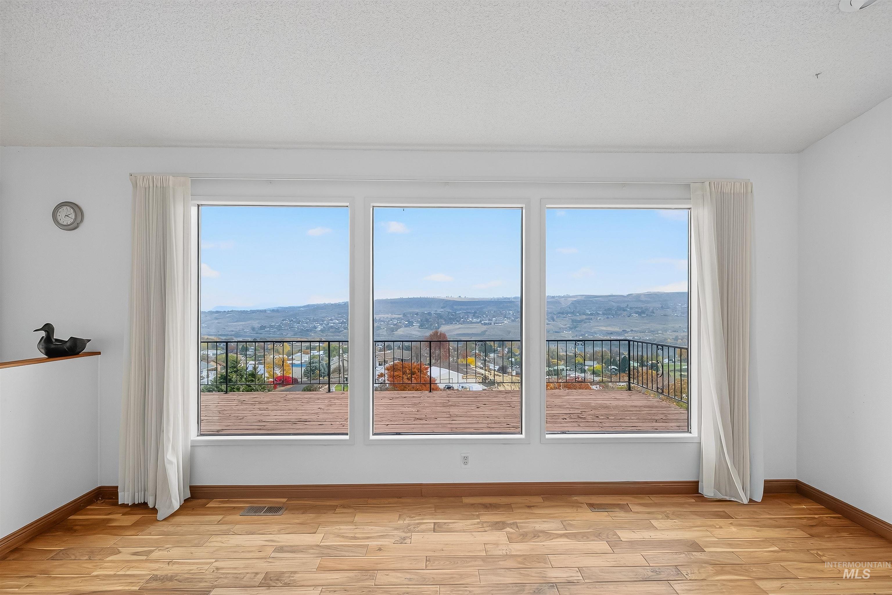 Spare room with plenty of natural light, light wood-style floors, a textured ceiling, and a mountain view