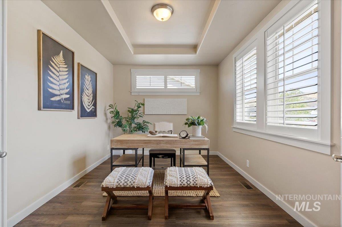 Office with a raised ceiling and dark wood-type flooring