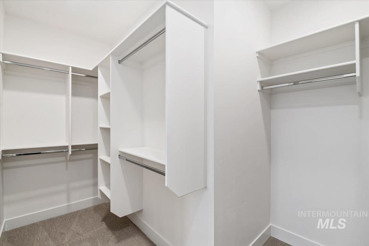 Walk in closet featuring light carpet