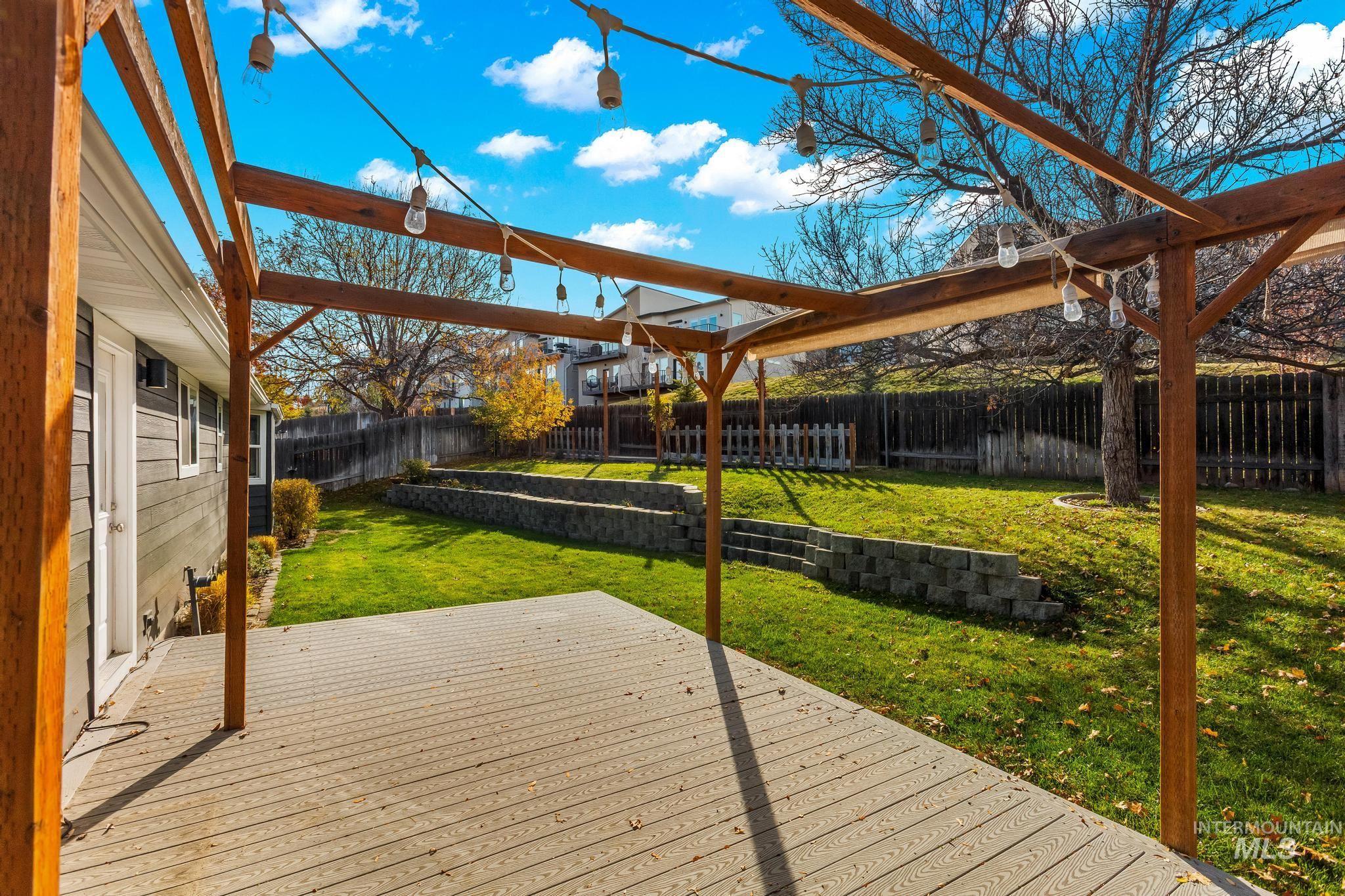 Wooden deck with a fenced backyard