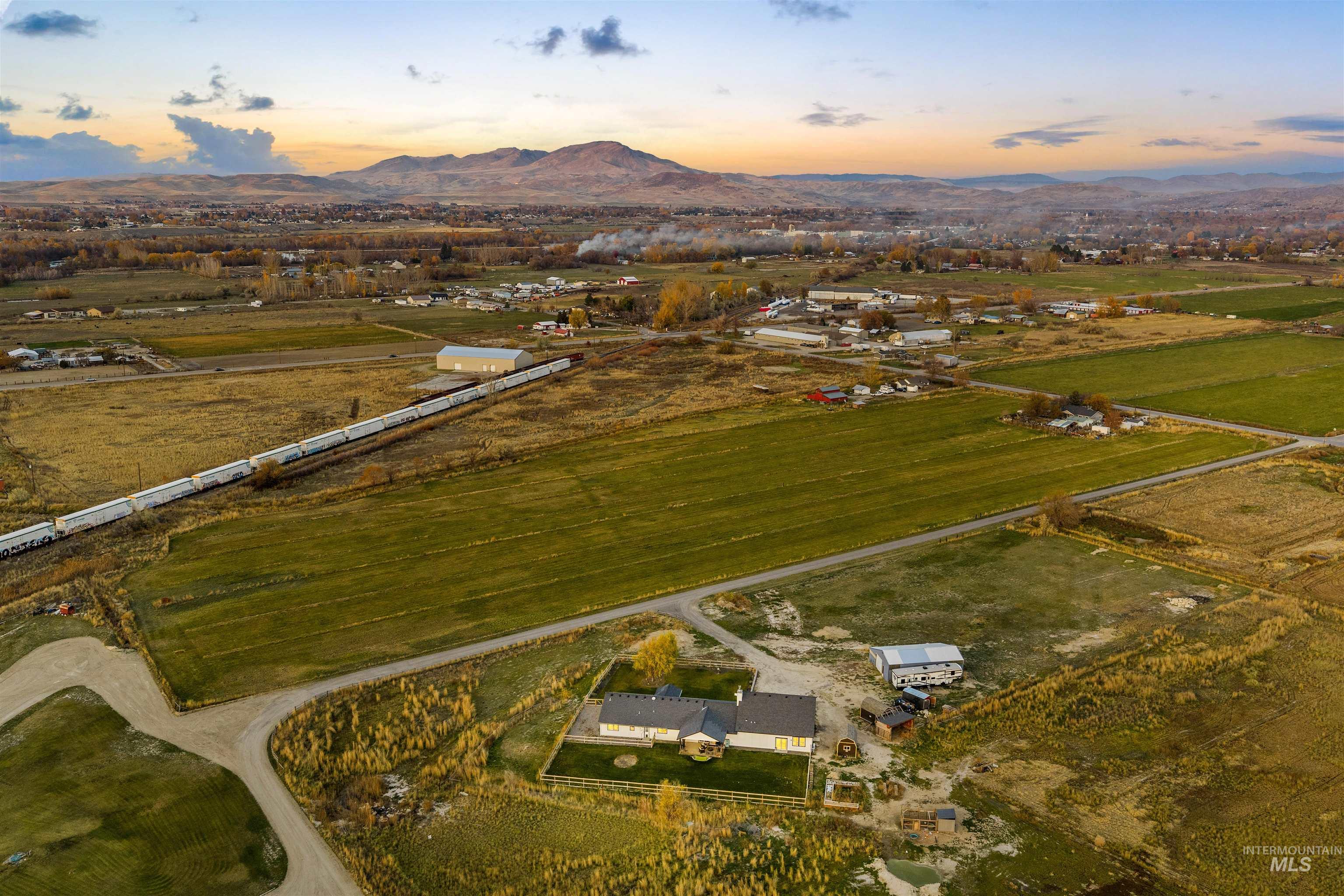 Aerial view at dusk of a rural view and a mountain view