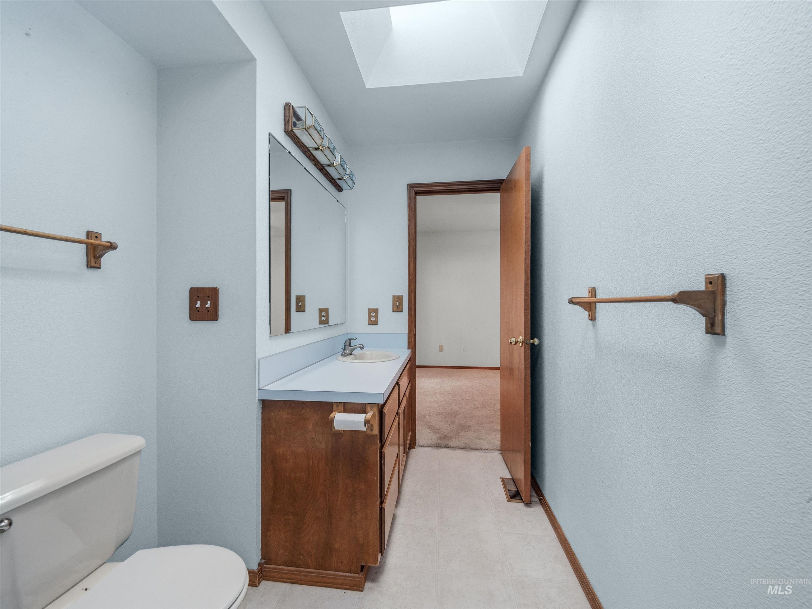 Half bathroom featuring a skylight, vanity, and light floors