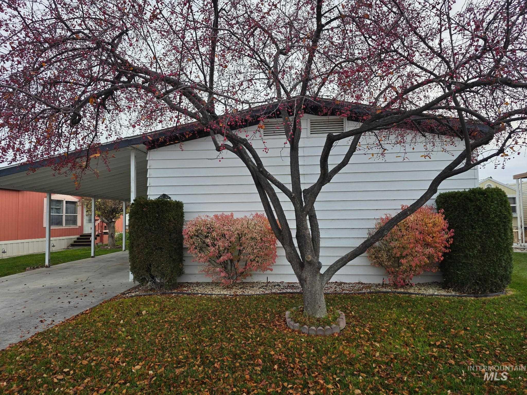 View of home's exterior with a lawn, an attached carport, and driveway