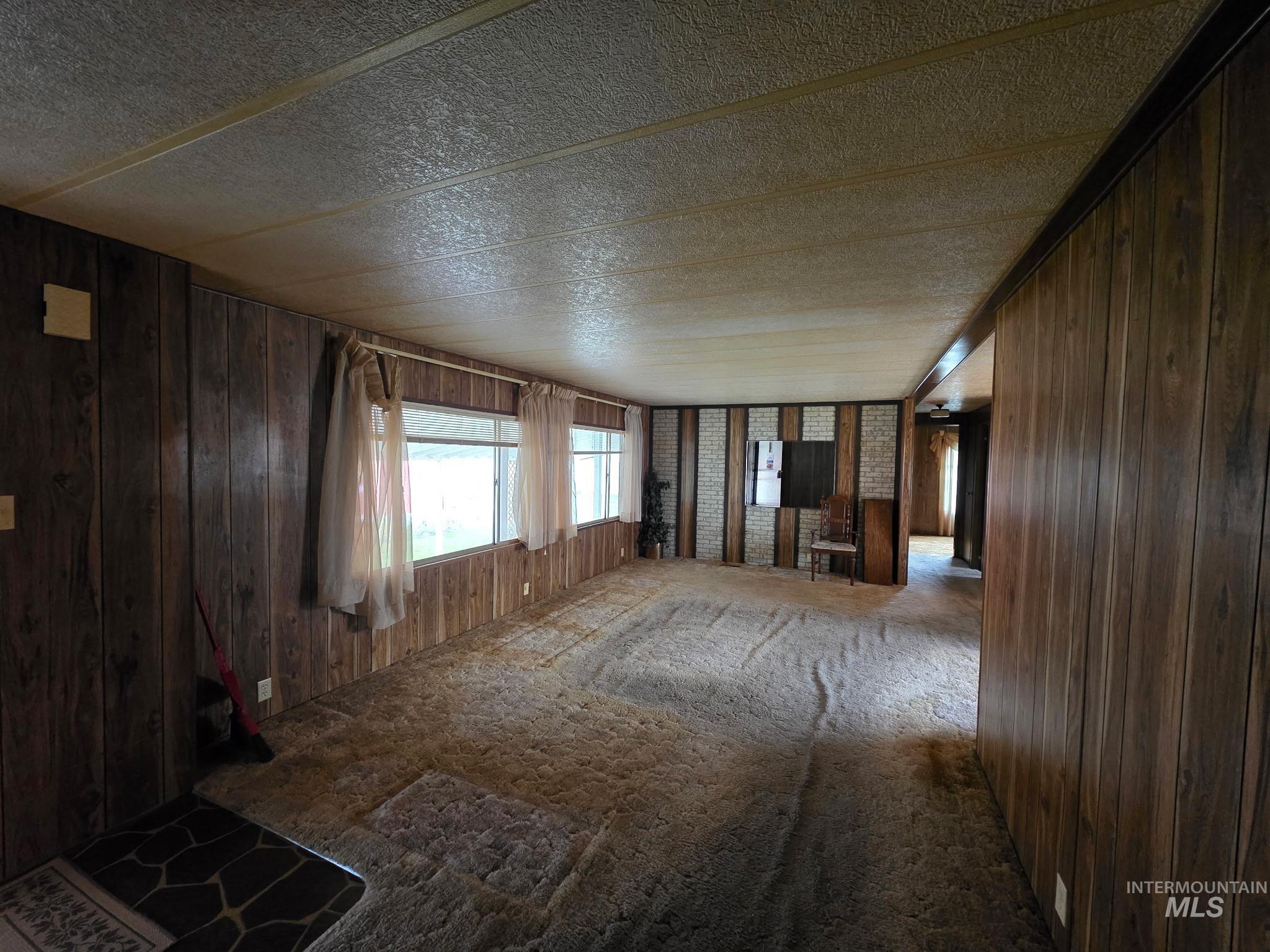 Carpeted spare room featuring wooden walls