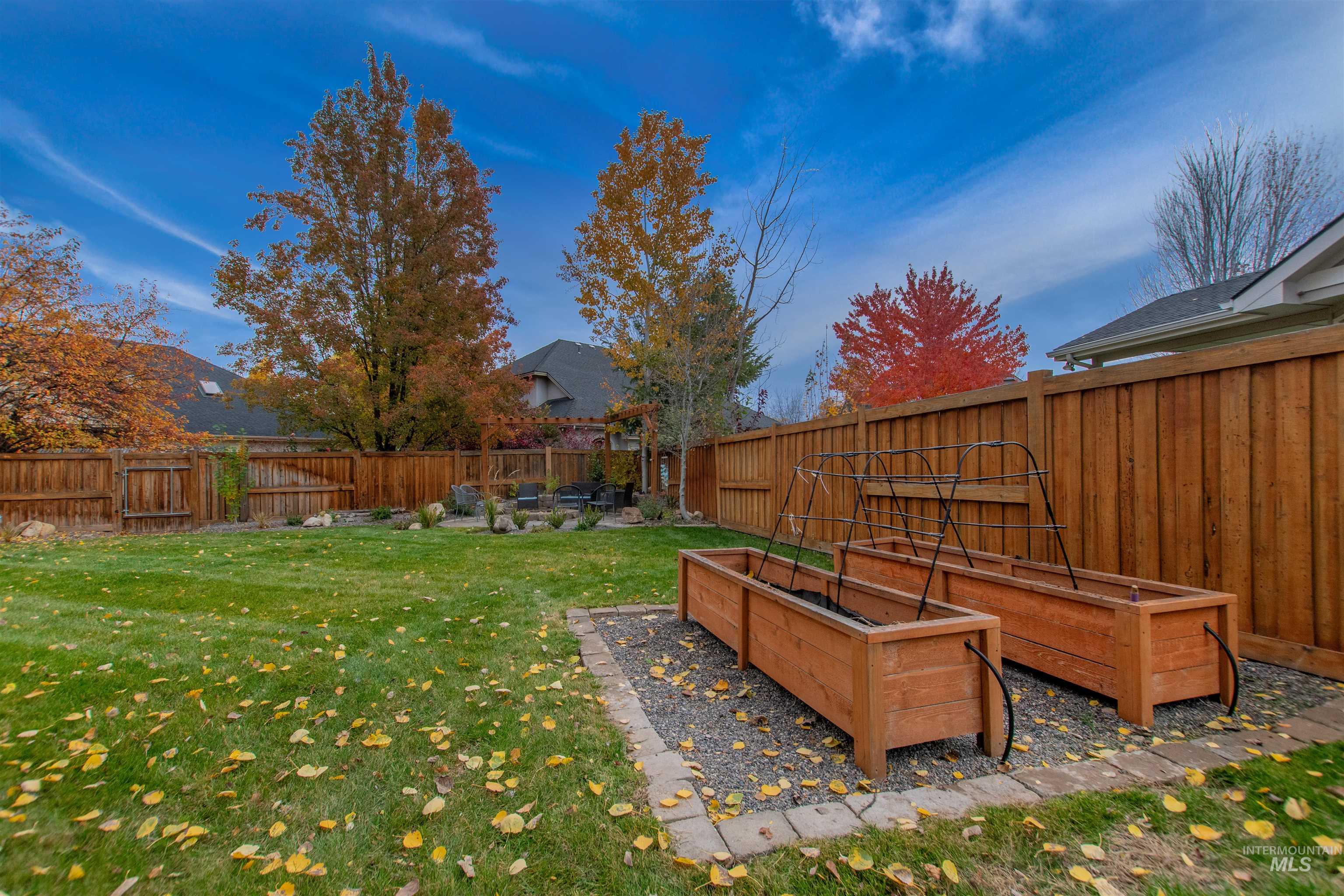 Fenced backyard featuring a vegetable garden