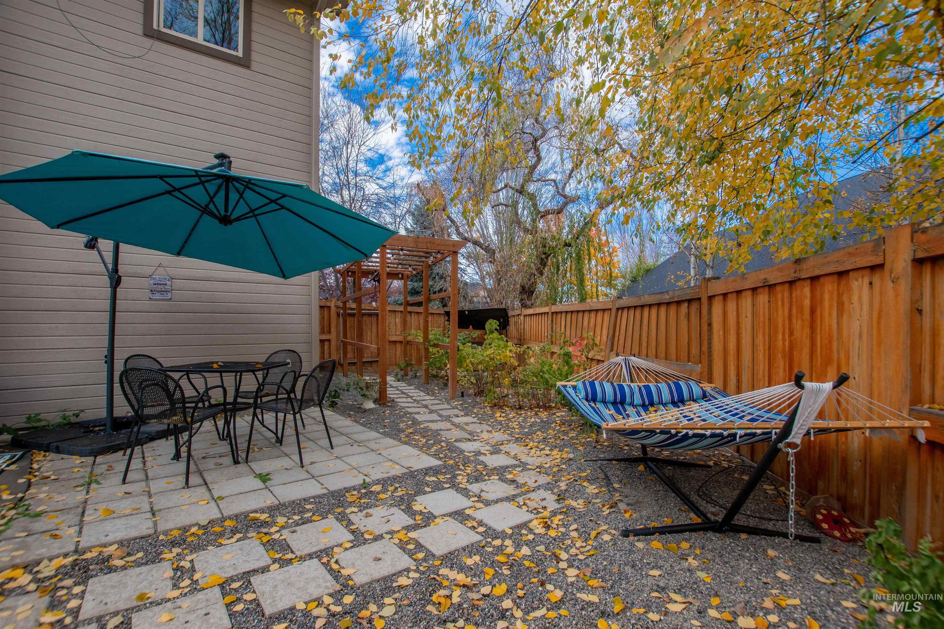 Fenced backyard with a patio and outdoor dining area