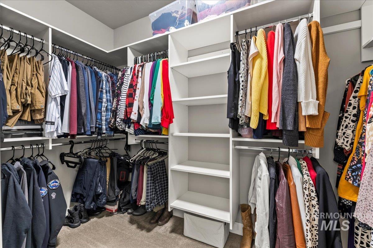 Walk in closet with light colored carpet