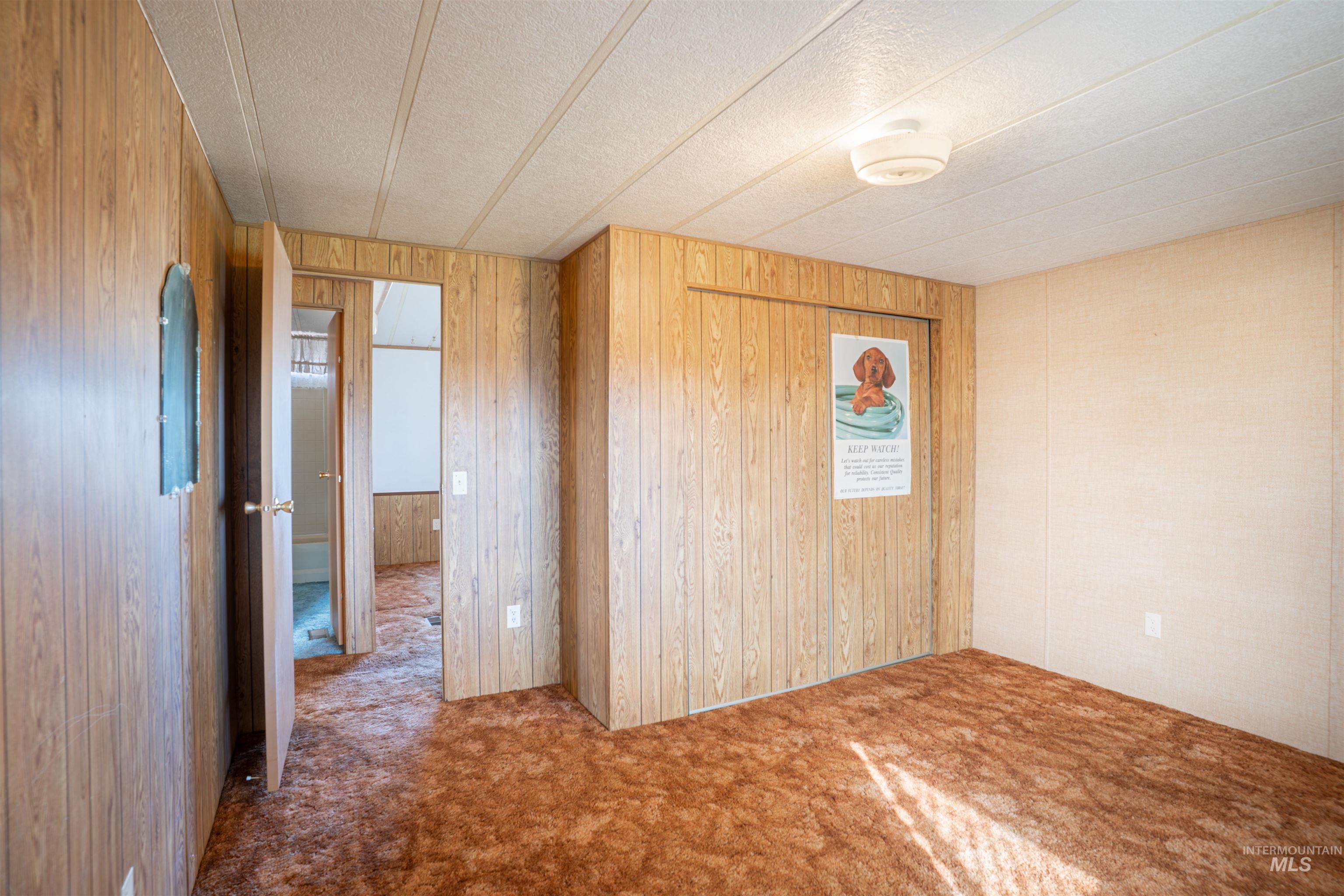 Empty room featuring carpet, wood walls, and a textured ceiling