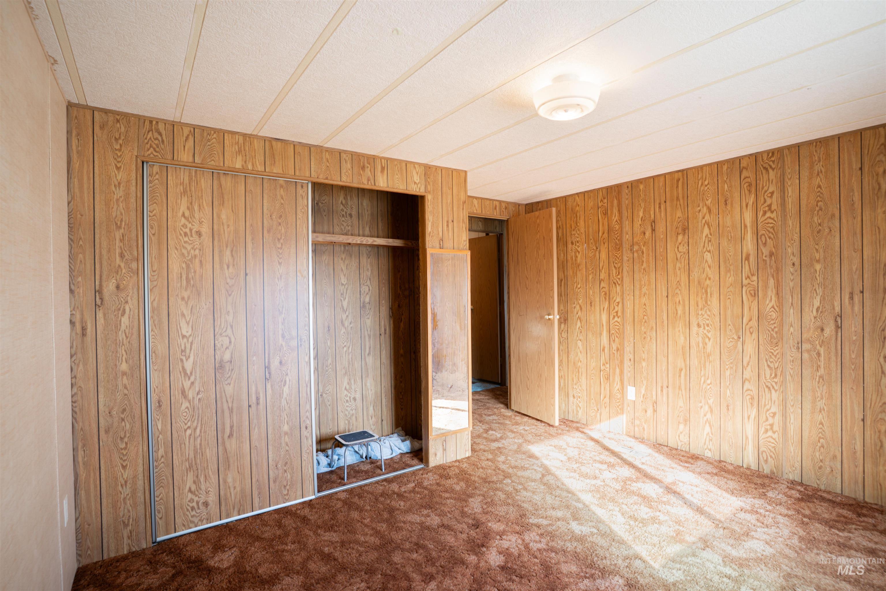 Unfurnished bedroom featuring carpet floors, wooden walls, and a closet