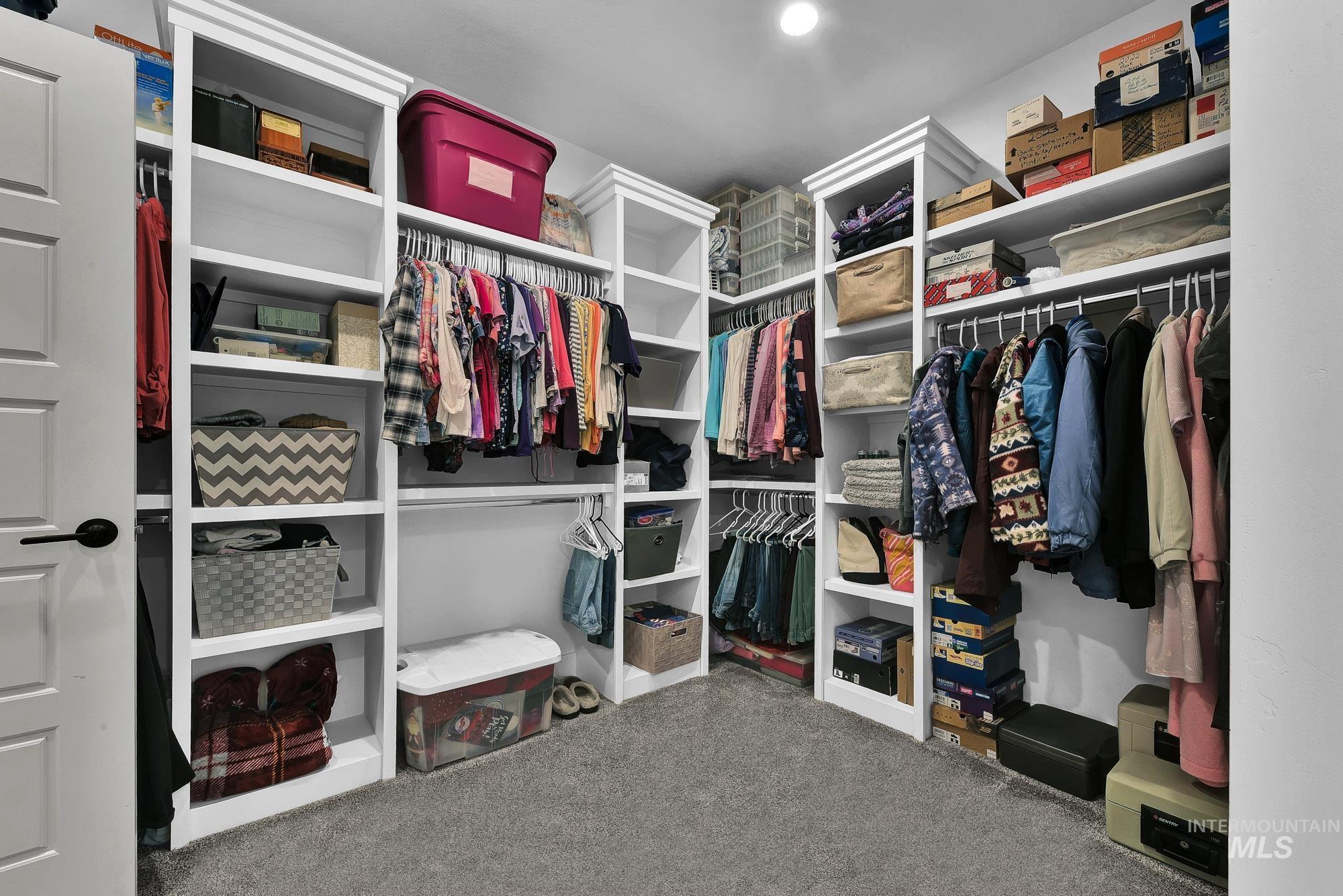 Walk in closet with light colored carpet