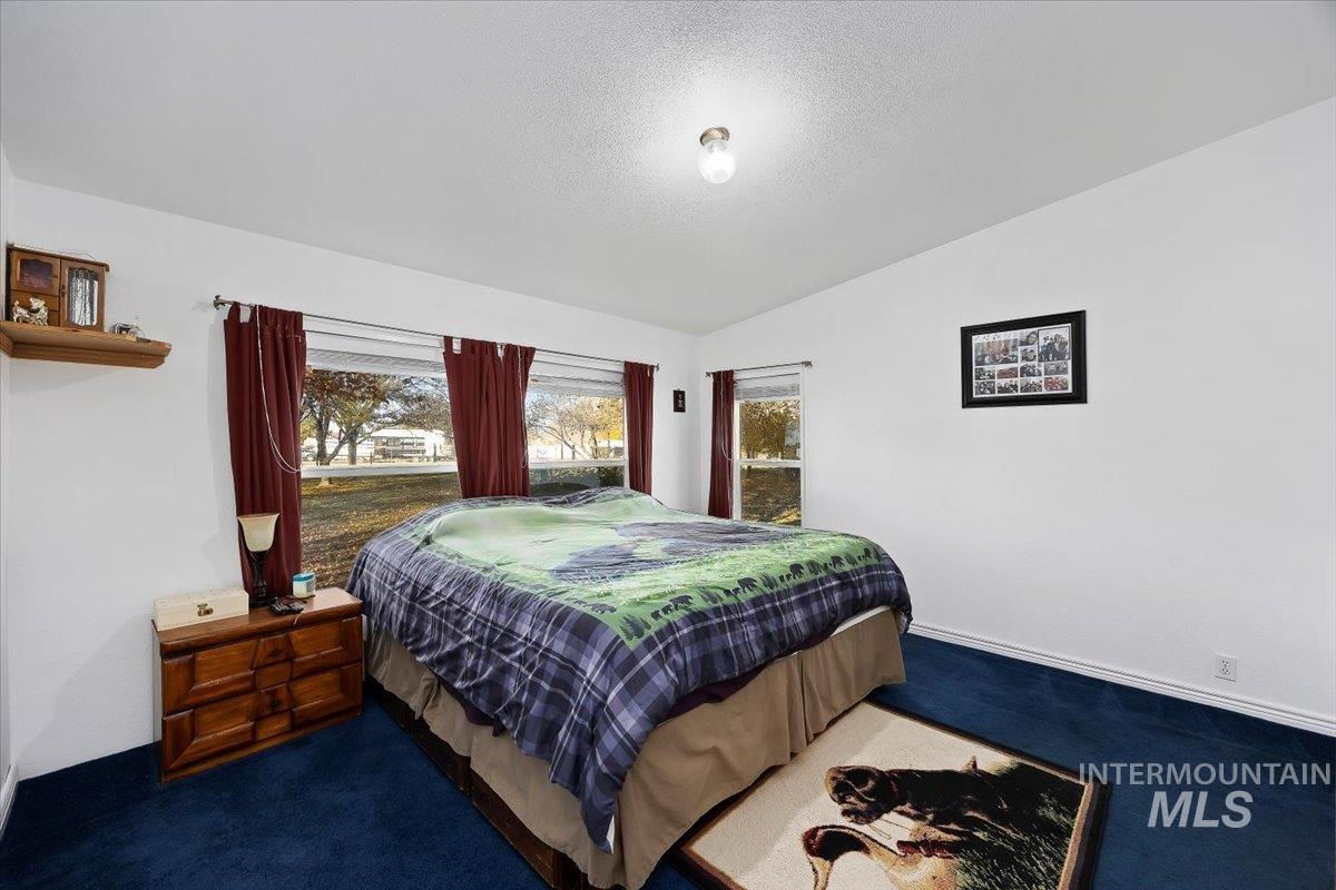Carpeted bedroom with vaulted ceiling, multiple windows, and a textured ceiling