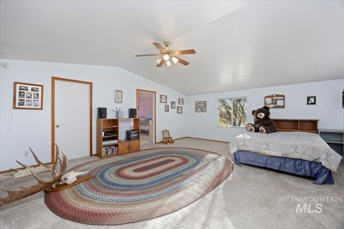 Bedroom featuring lofted ceiling, a ceiling fan, and carpet flooring