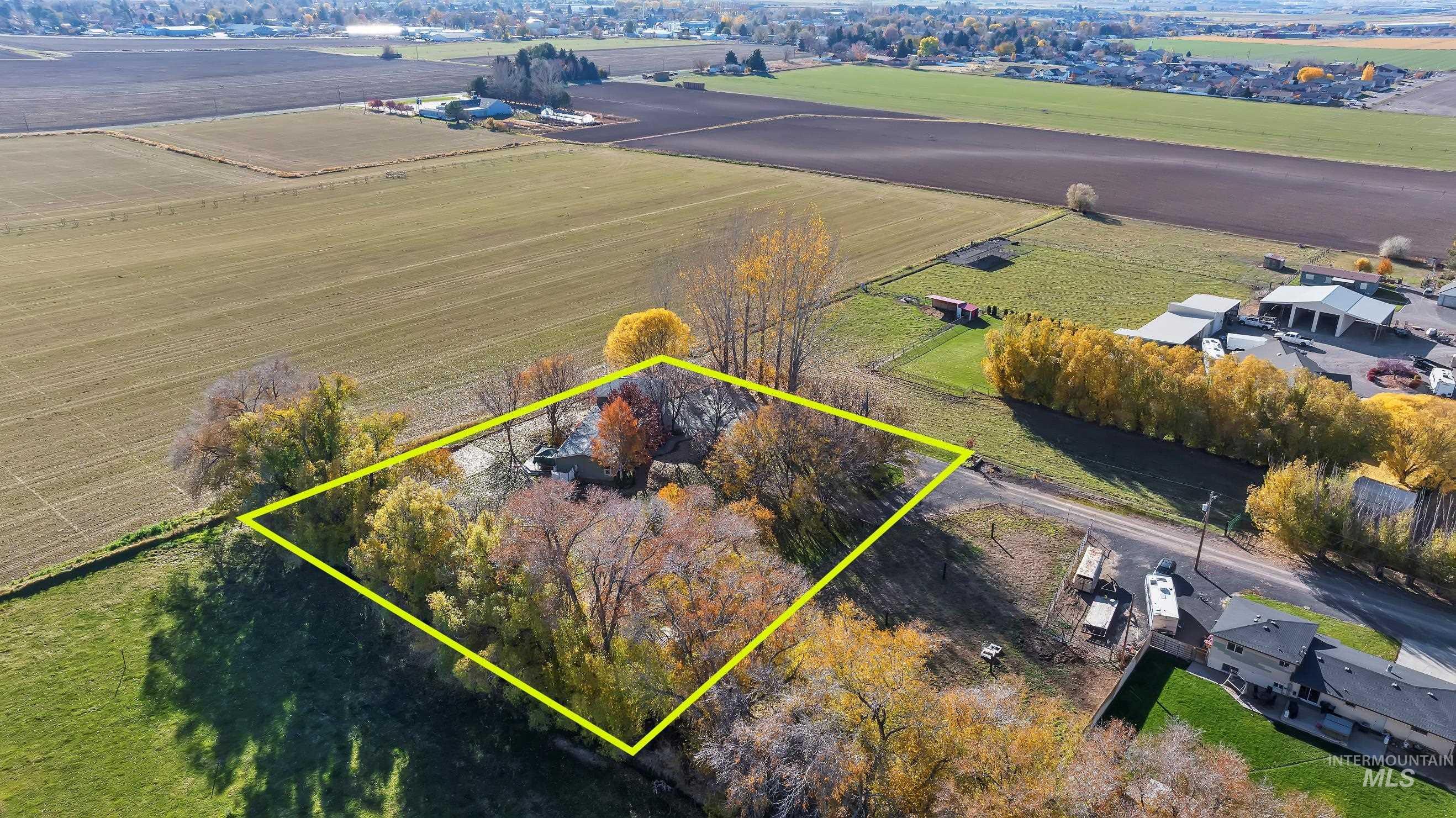 Overview of rural landscape with property boundaries highlighted and extensive farmland