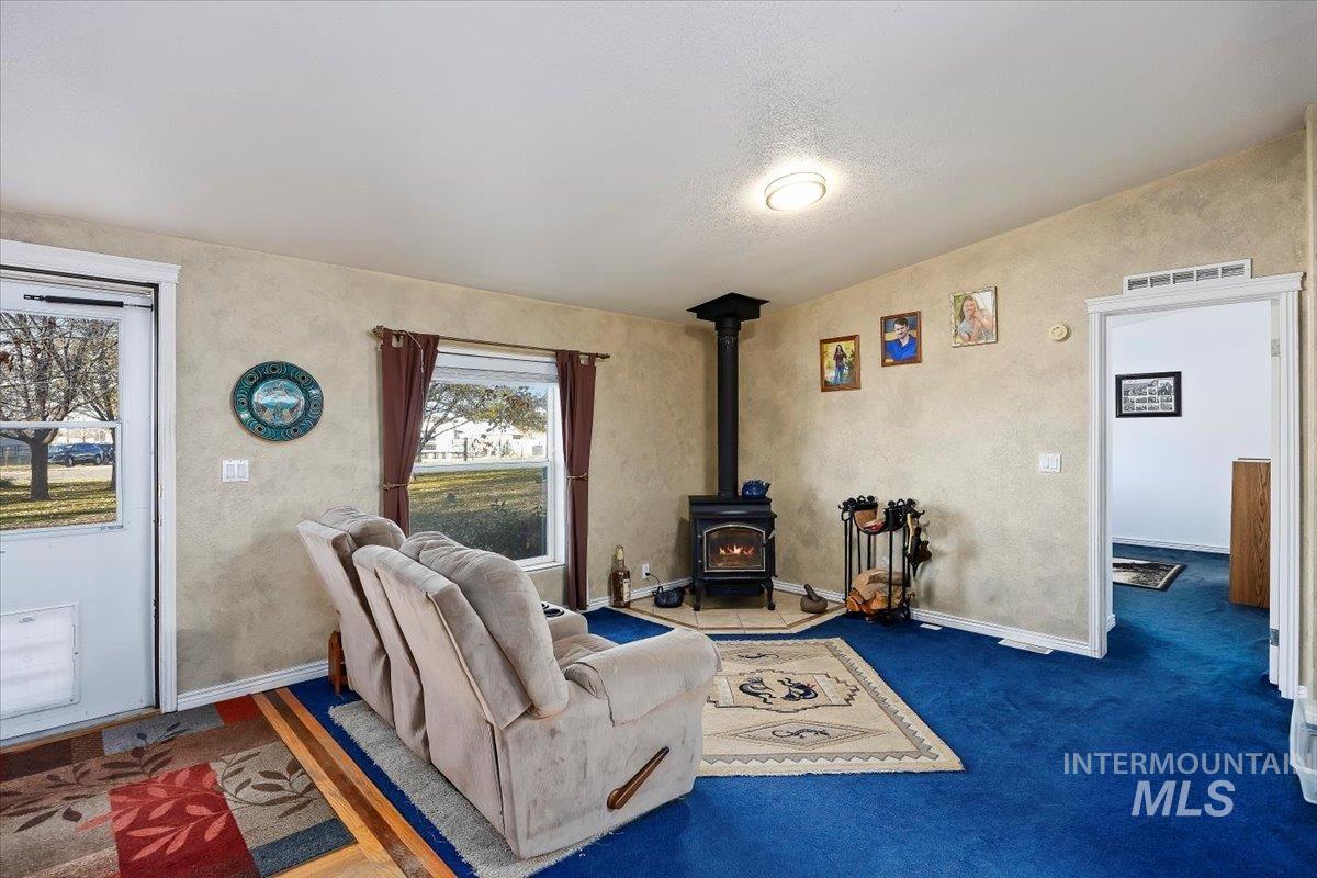 Carpeted living room with a wood stove, a textured wall, and a textured ceiling