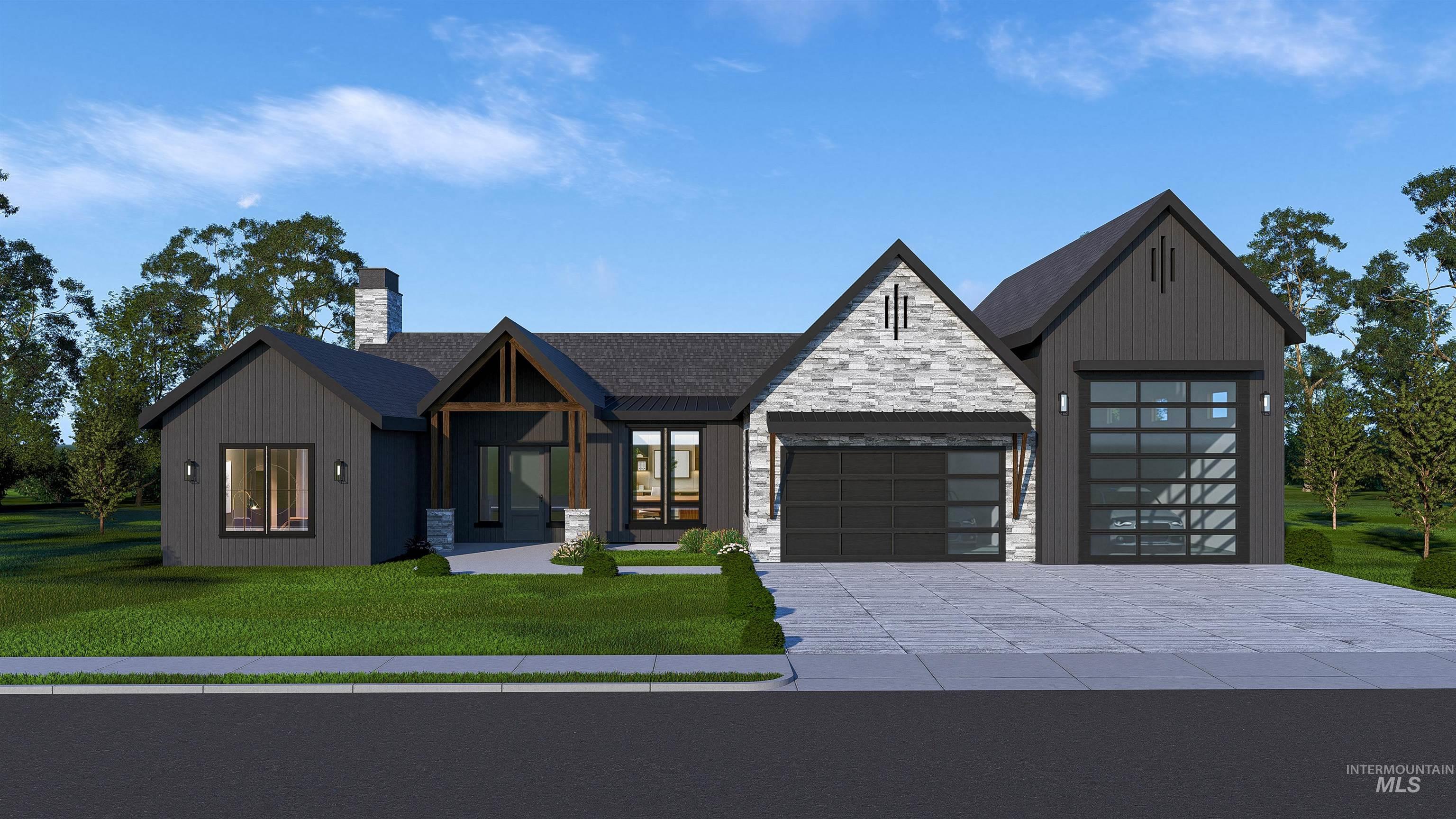Modern farmhouse style home featuring a front lawn, driveway, stone siding, a chimney, and an attached garage