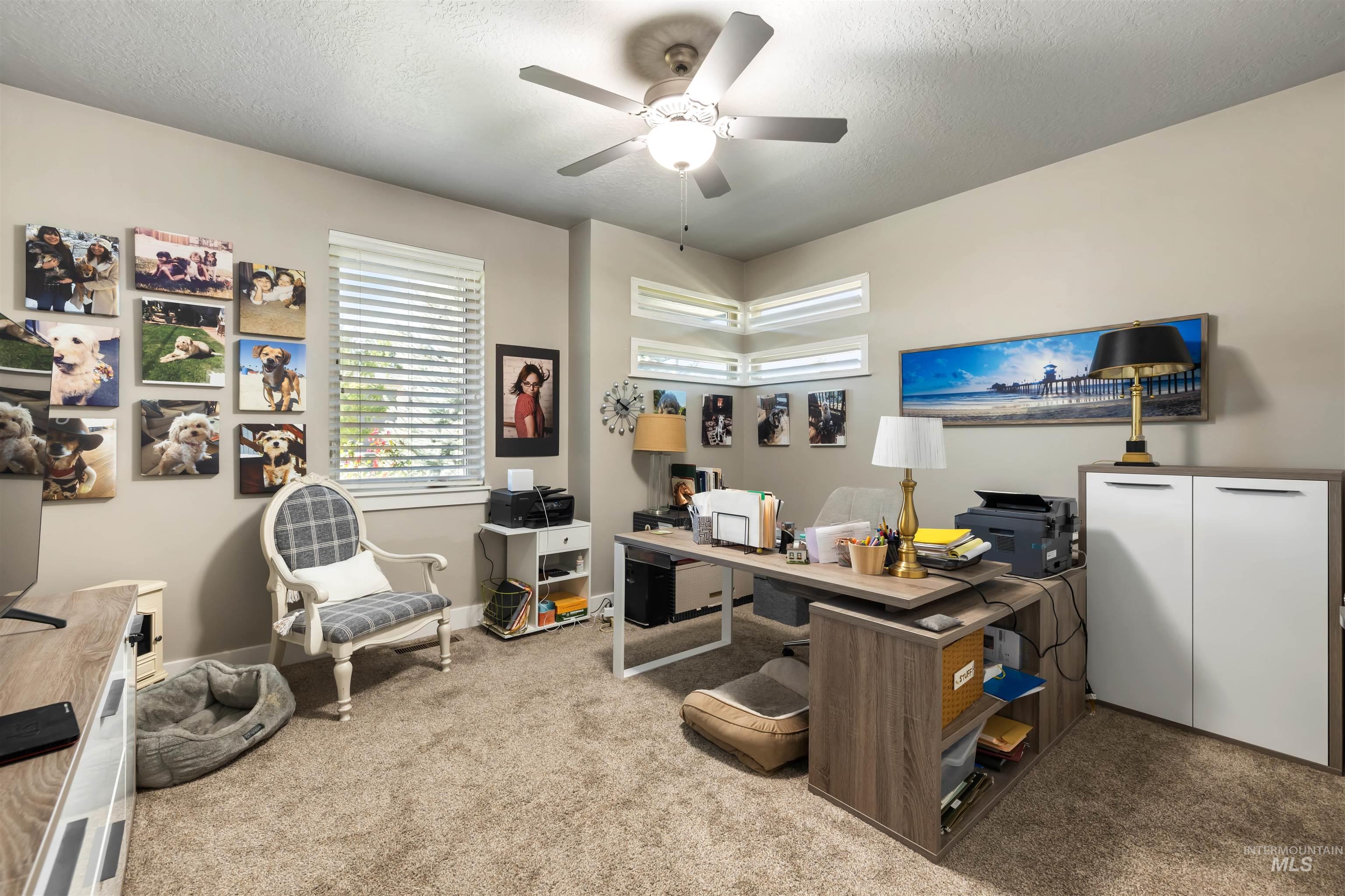 Office with carpet floors, a textured ceiling, and a ceiling fan