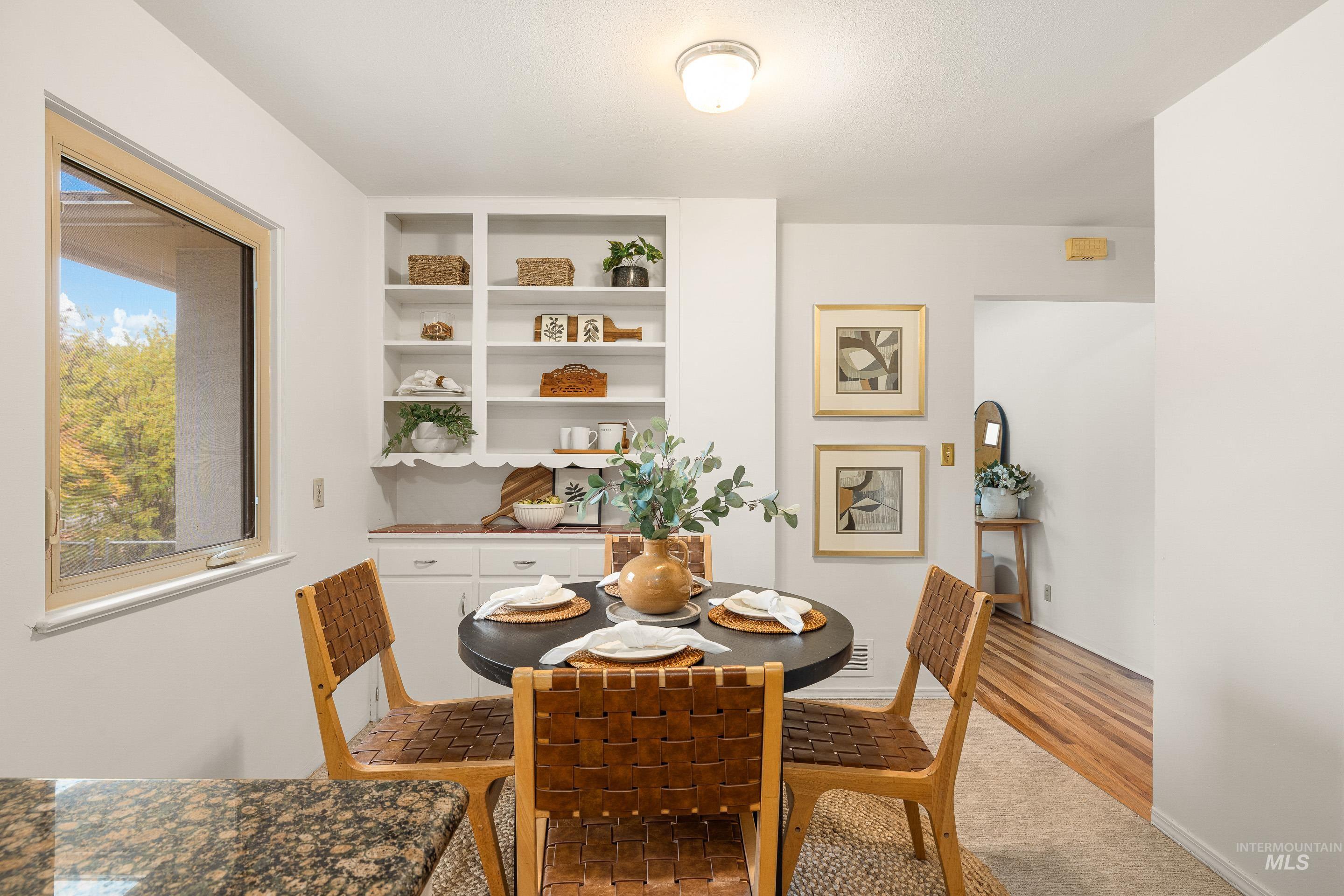 Dining room with built in shelves