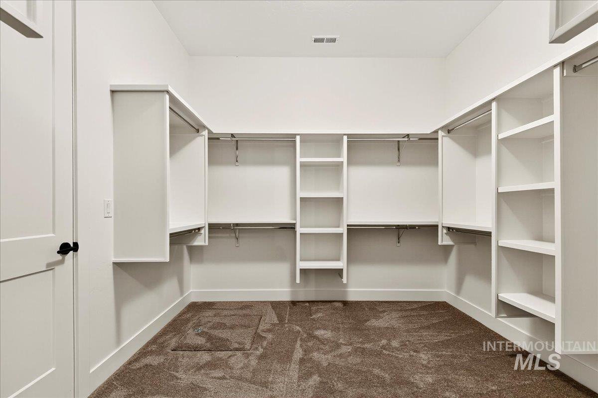 Walk in closet with dark colored carpet