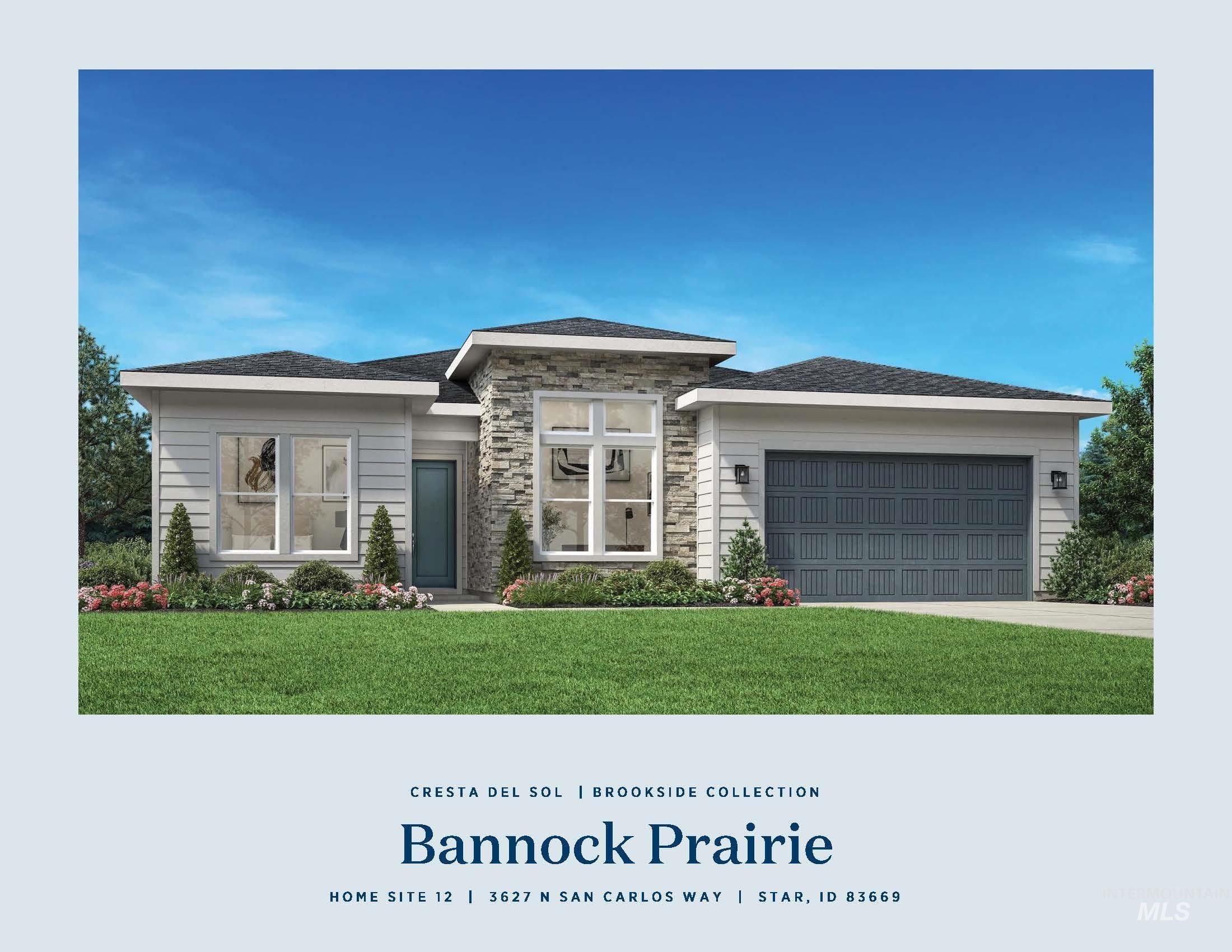 View of front of home with a garage, a front yard, stone siding, and concrete driveway