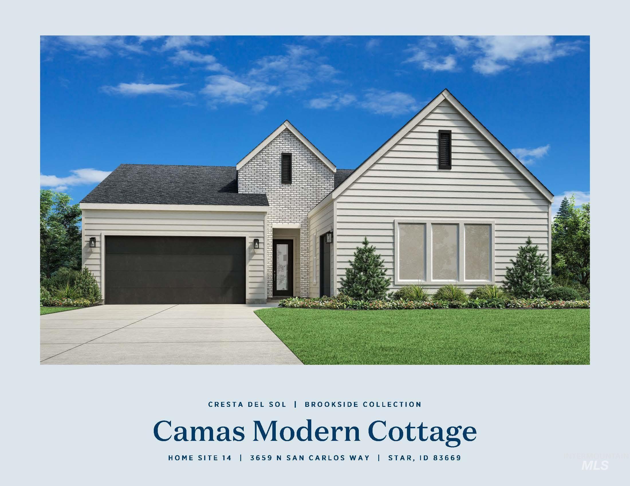 View of front of house featuring an attached garage, driveway, a front lawn, and roof with shingles