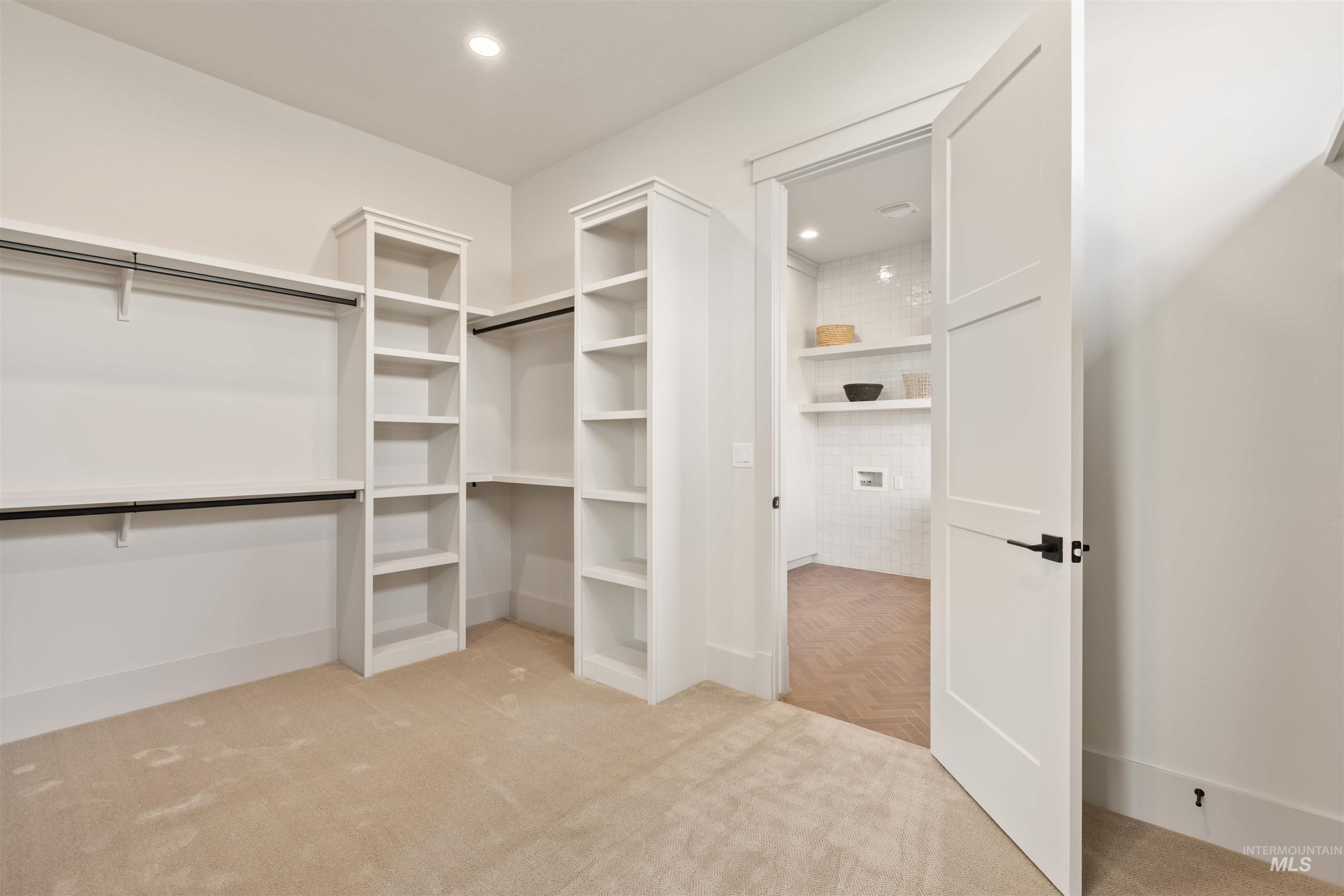 Walk in closet with light colored carpet