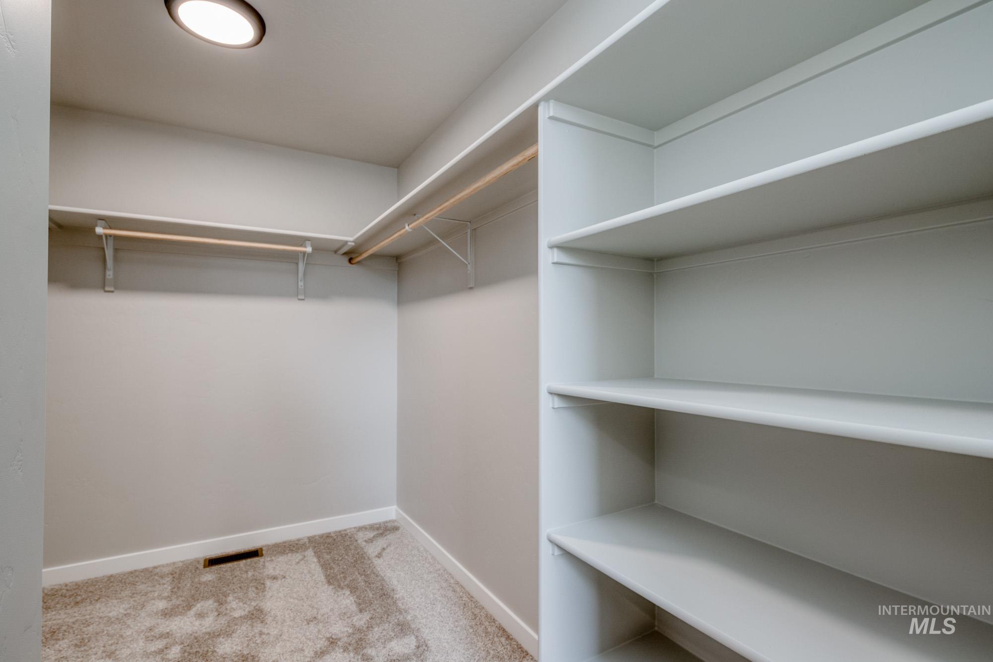 Spacious closet featuring light colored carpet