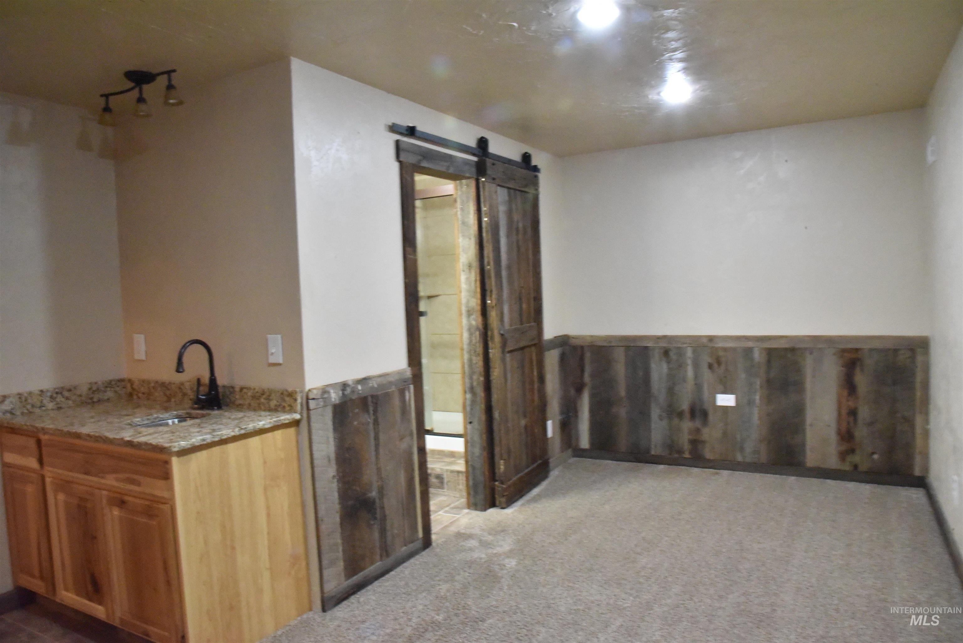 Bar area featuring a wainscoted wall, a barn door, light stone counters, light carpet, and wood walls