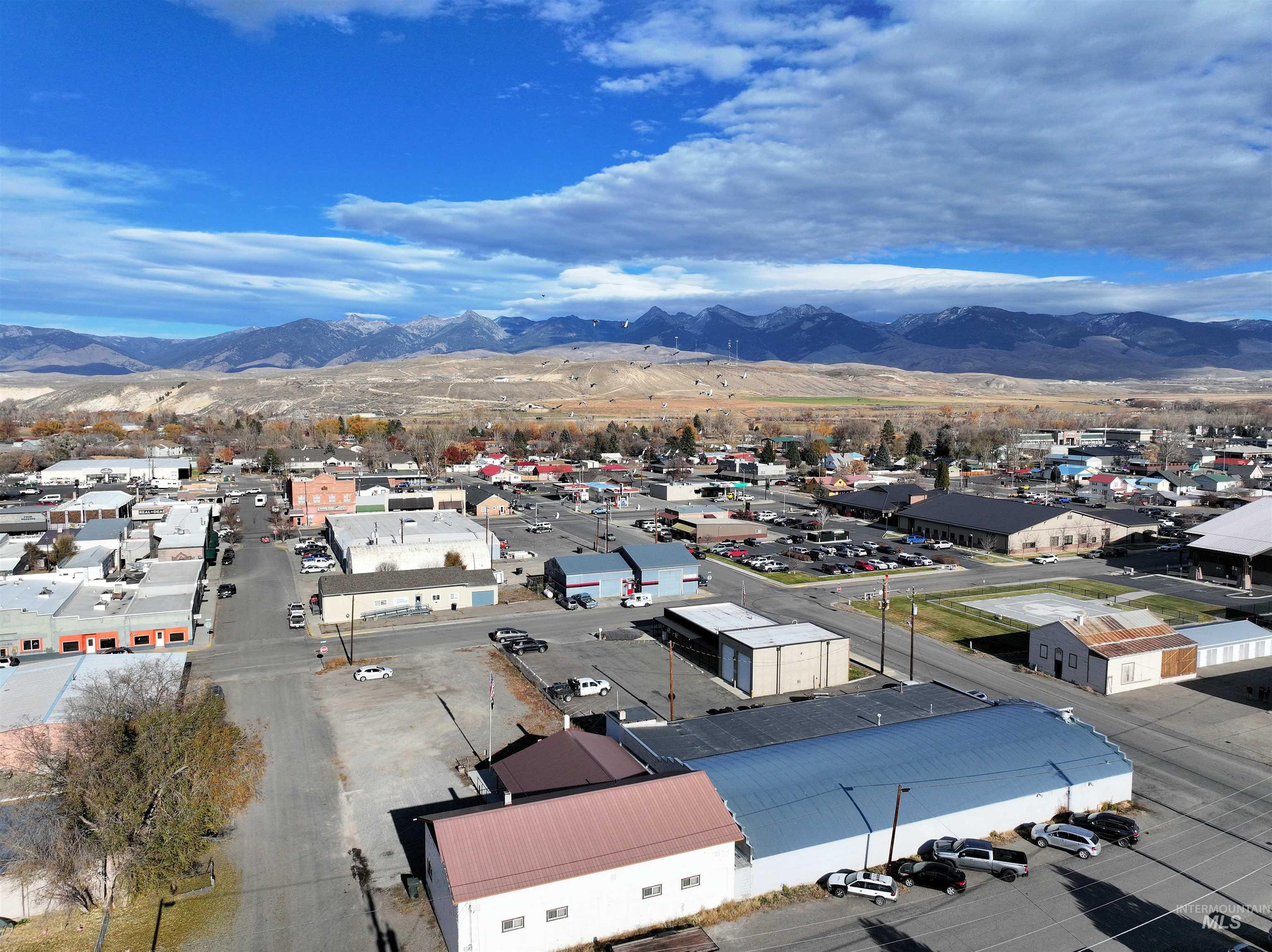 Aerial view of an industrial area and mountains