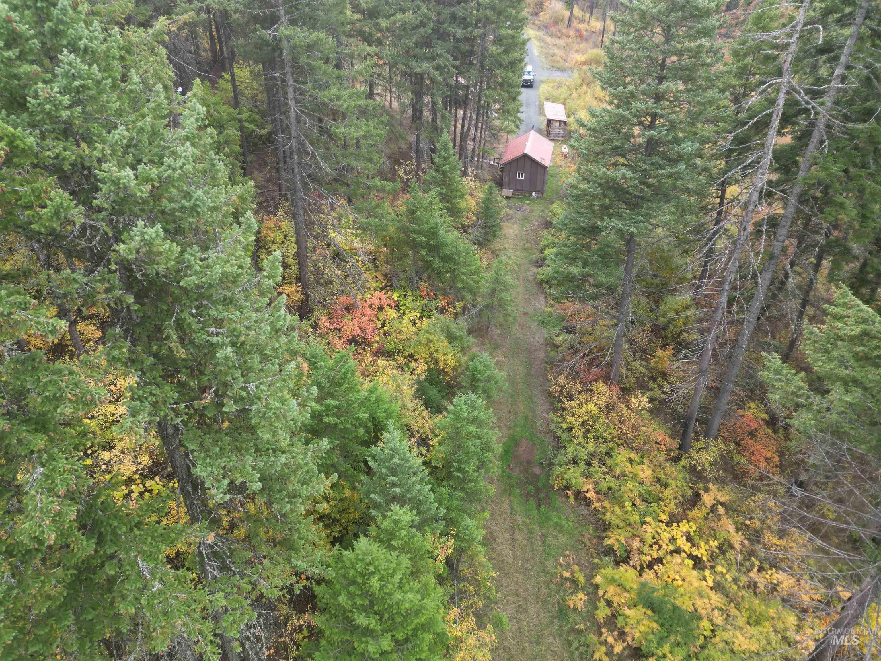 Aerial overview of property's location featuring a heavily wooded area