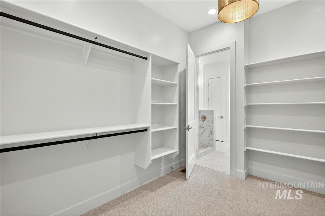 Spacious closet with light colored carpet