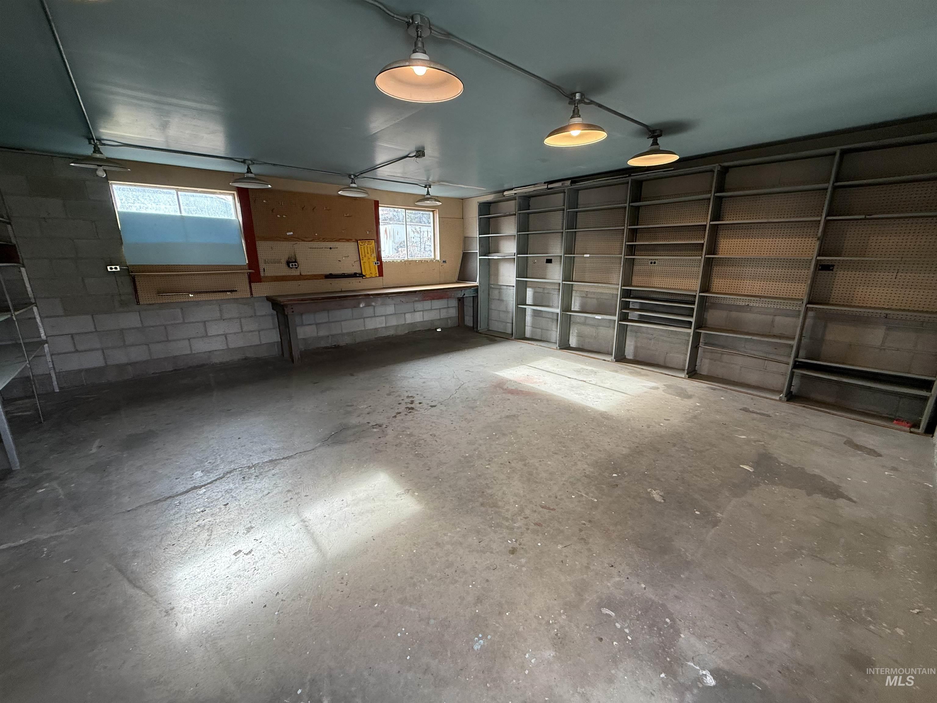 Garage with concrete block wall