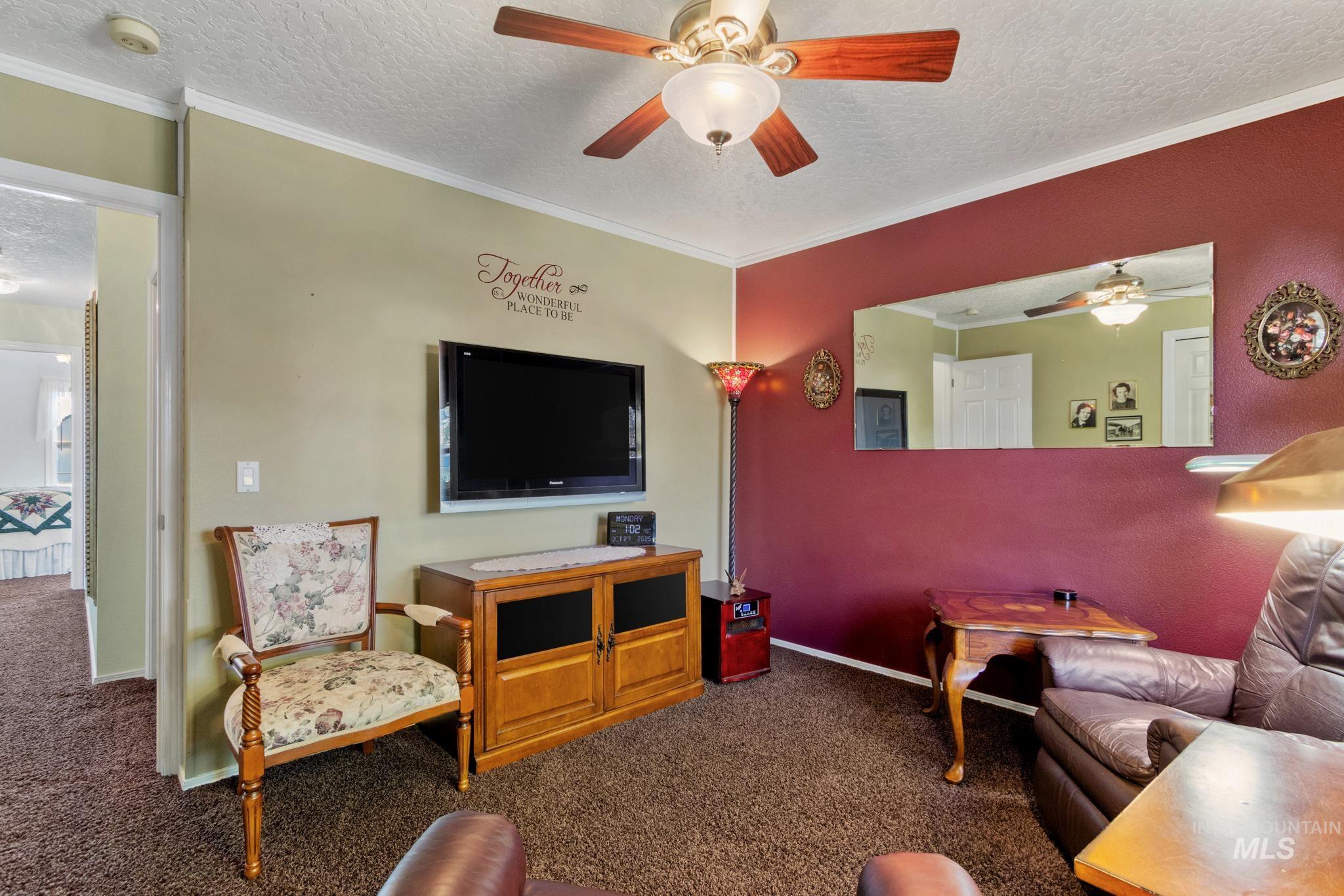 Living area with a textured ceiling, dark carpet, crown molding, and ceiling fan