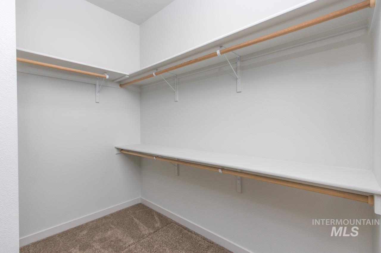 Spacious closet with dark carpet