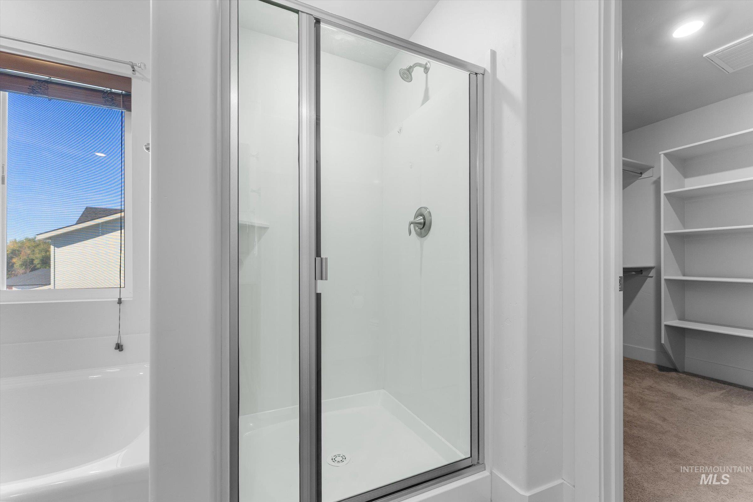 Bathroom with light carpet, a stall shower, a bath, and a walk in closet