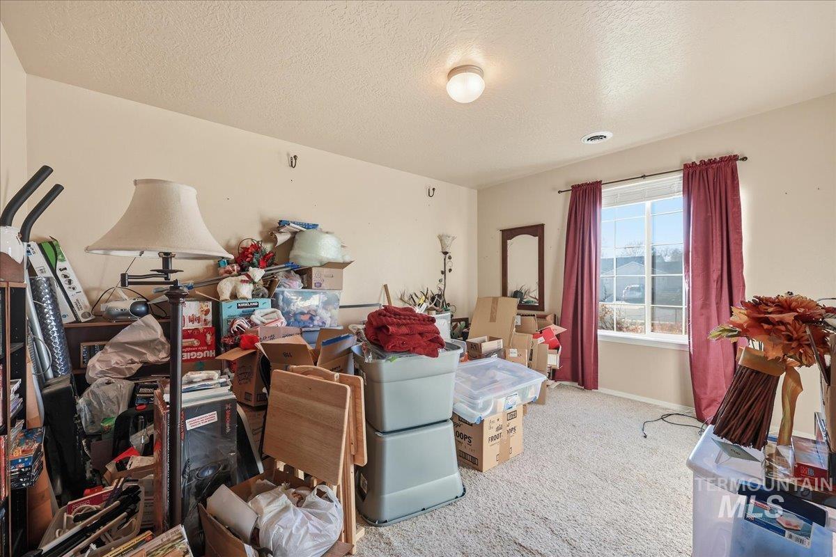 Living room featuring light colored carpet and a textured ceiling