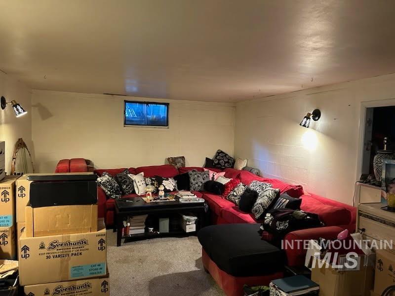 Home theater room with light colored carpet