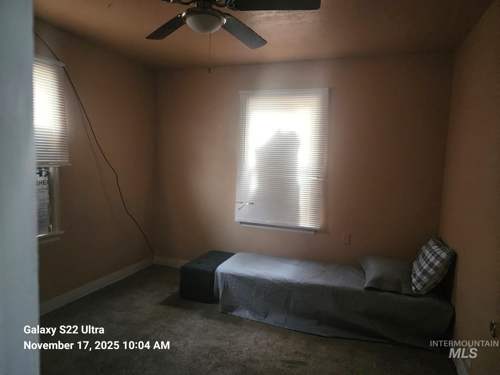 Carpeted bedroom featuring multiple windows and a ceiling fan
