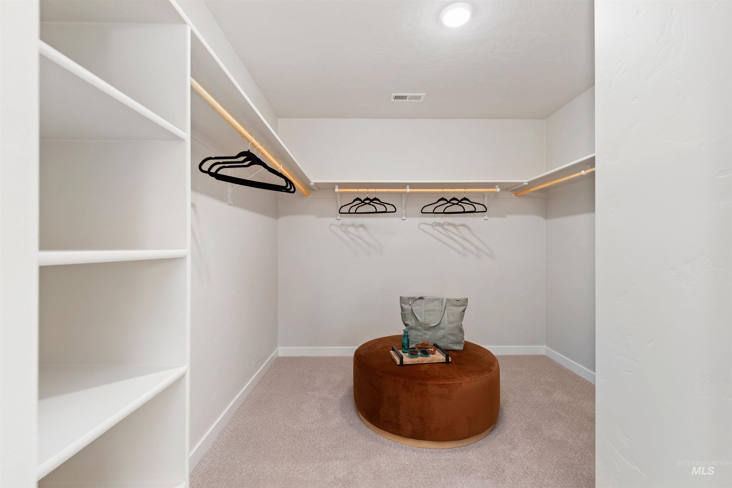 Spacious closet with light colored carpet