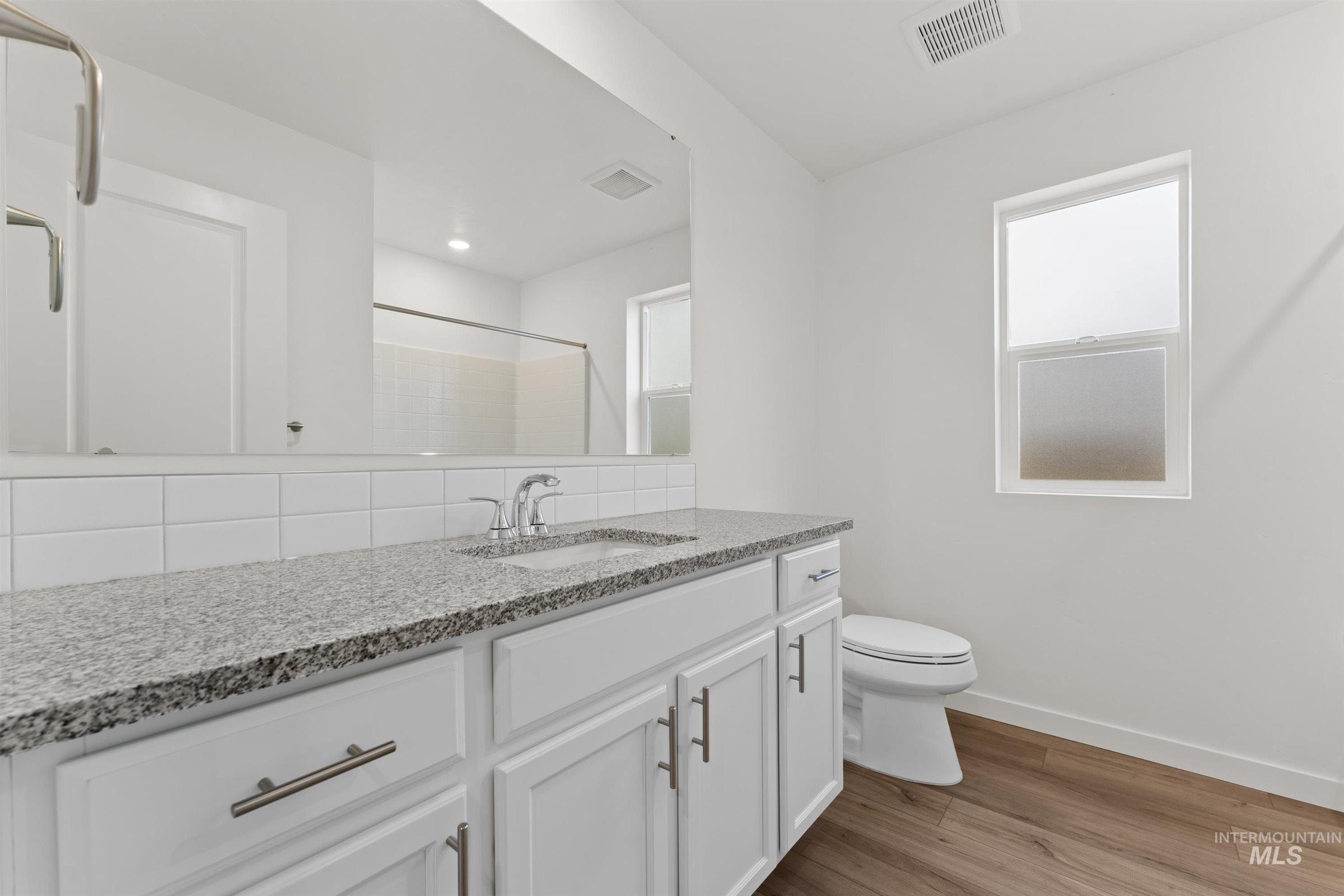 Bathroom with vanity, light wood-type flooring, decorative backsplash, and a shower
