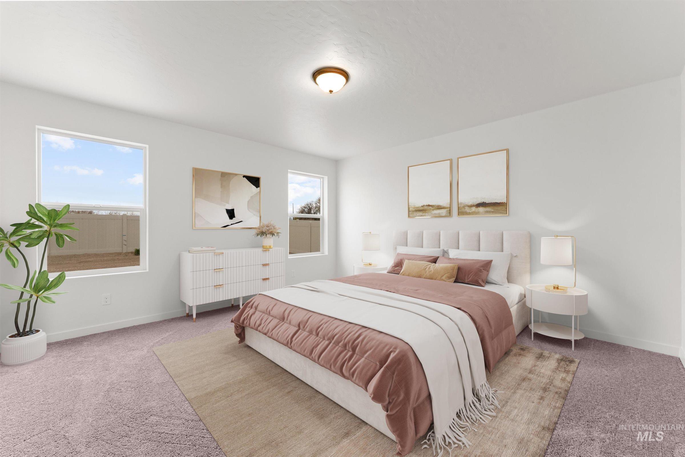 Carpeted bedroom featuring multiple windows