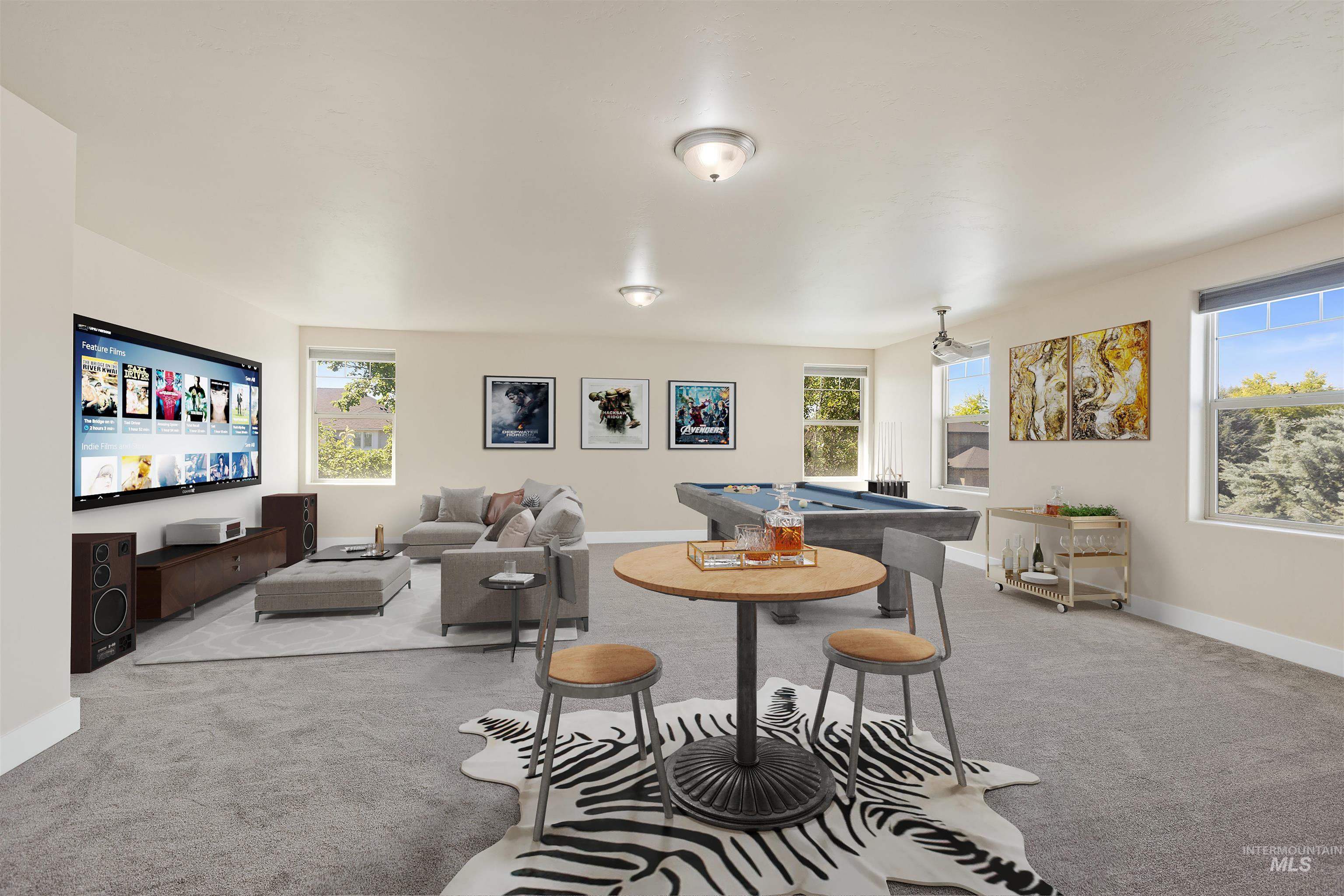 Carpeted dining area featuring healthy amount of natural light and billiards