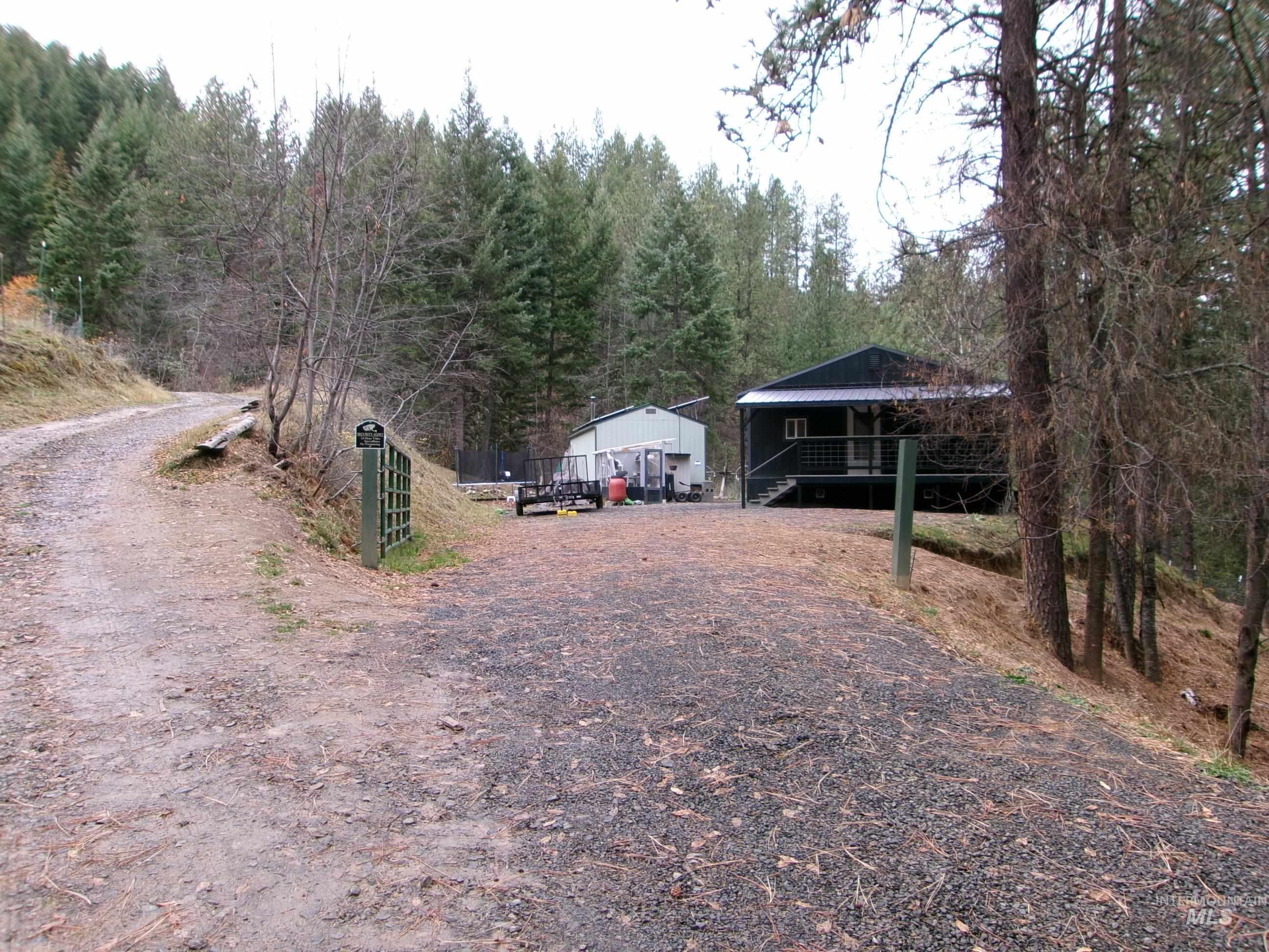 View of dirt / gravel driveway with a wooded view and a gated entry