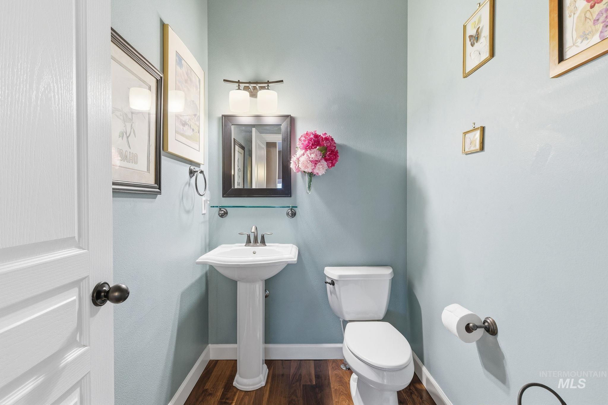 Bathroom featuring dark wood-style floors and toilet