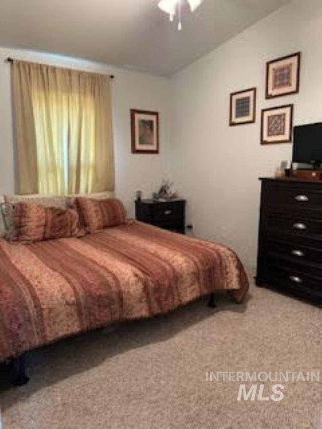 Carpeted bedroom with ceiling fan