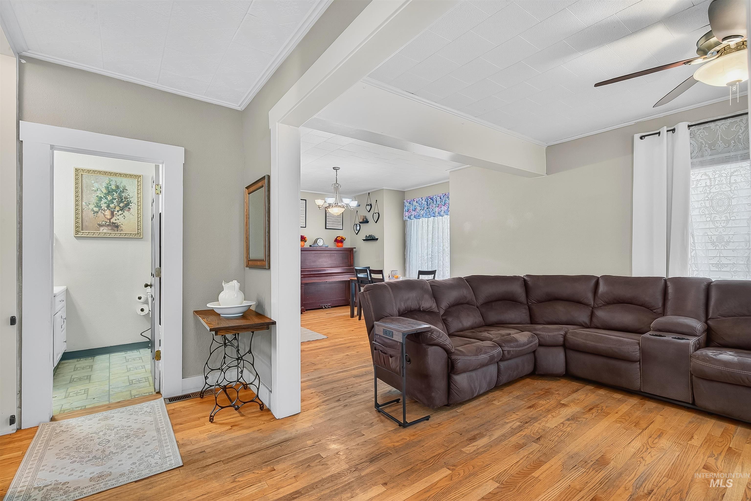 Living room with ornamental molding, light wood-type flooring, a chandelier, and ceiling fan