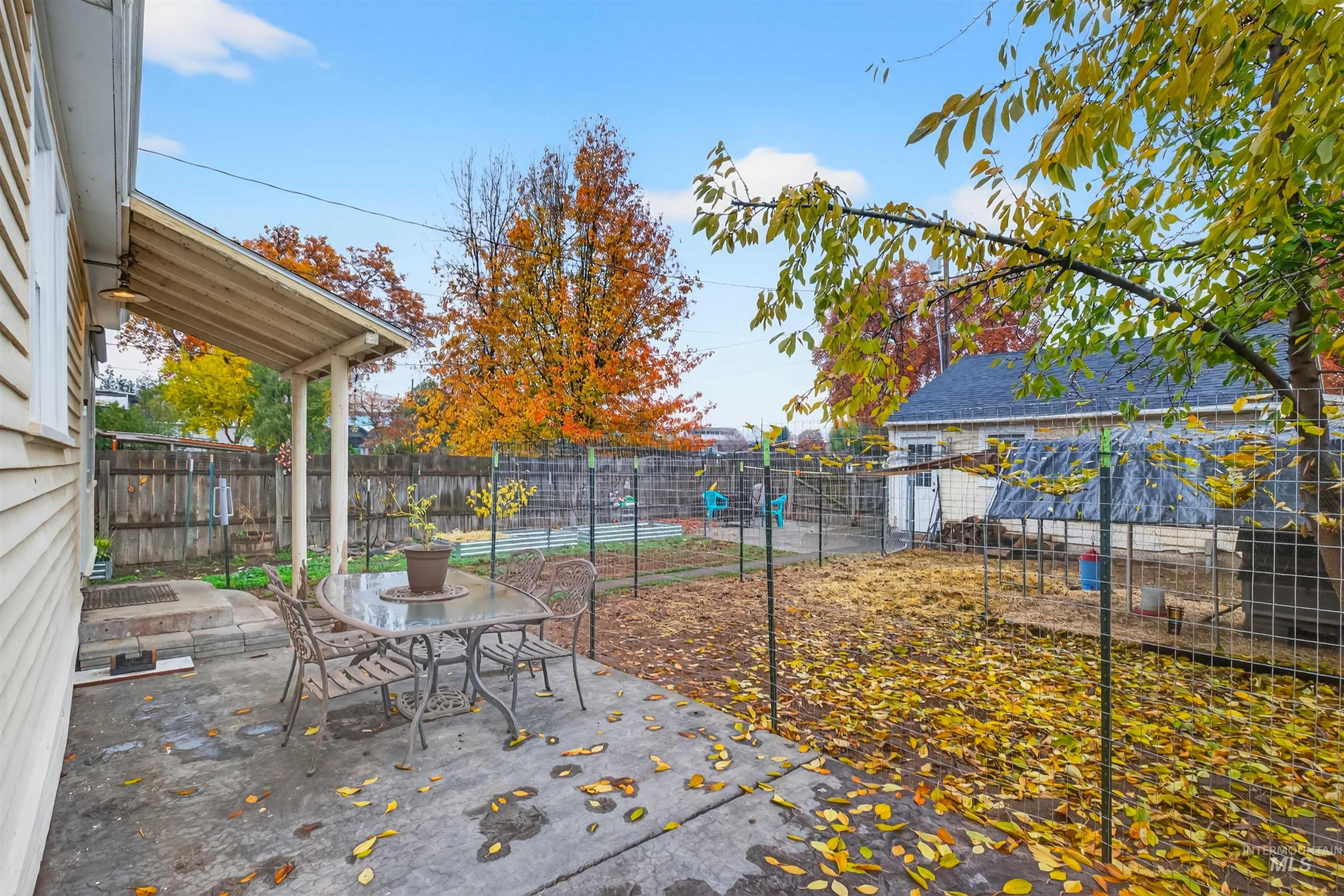 Fenced backyard with a patio area and outdoor dining space