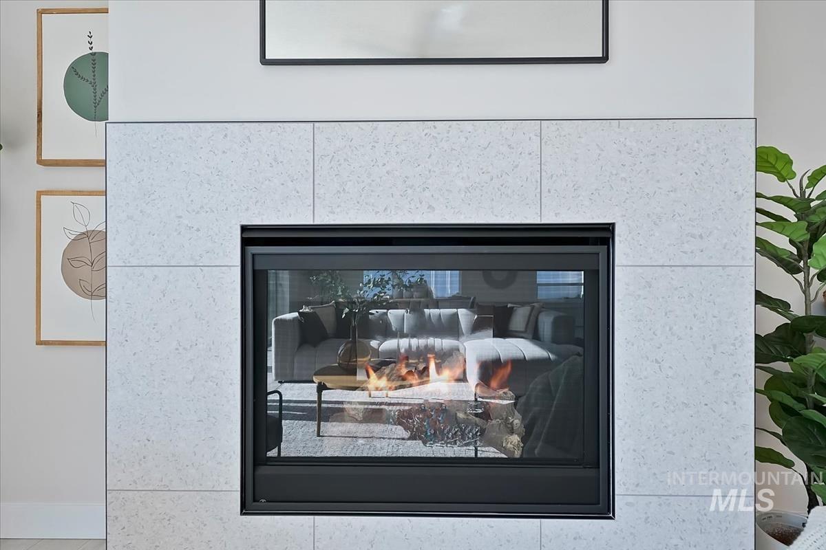 Detailed view of a glass covered fireplace