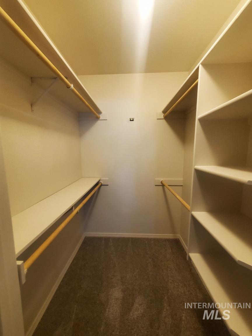 Walk in closet featuring dark colored carpet