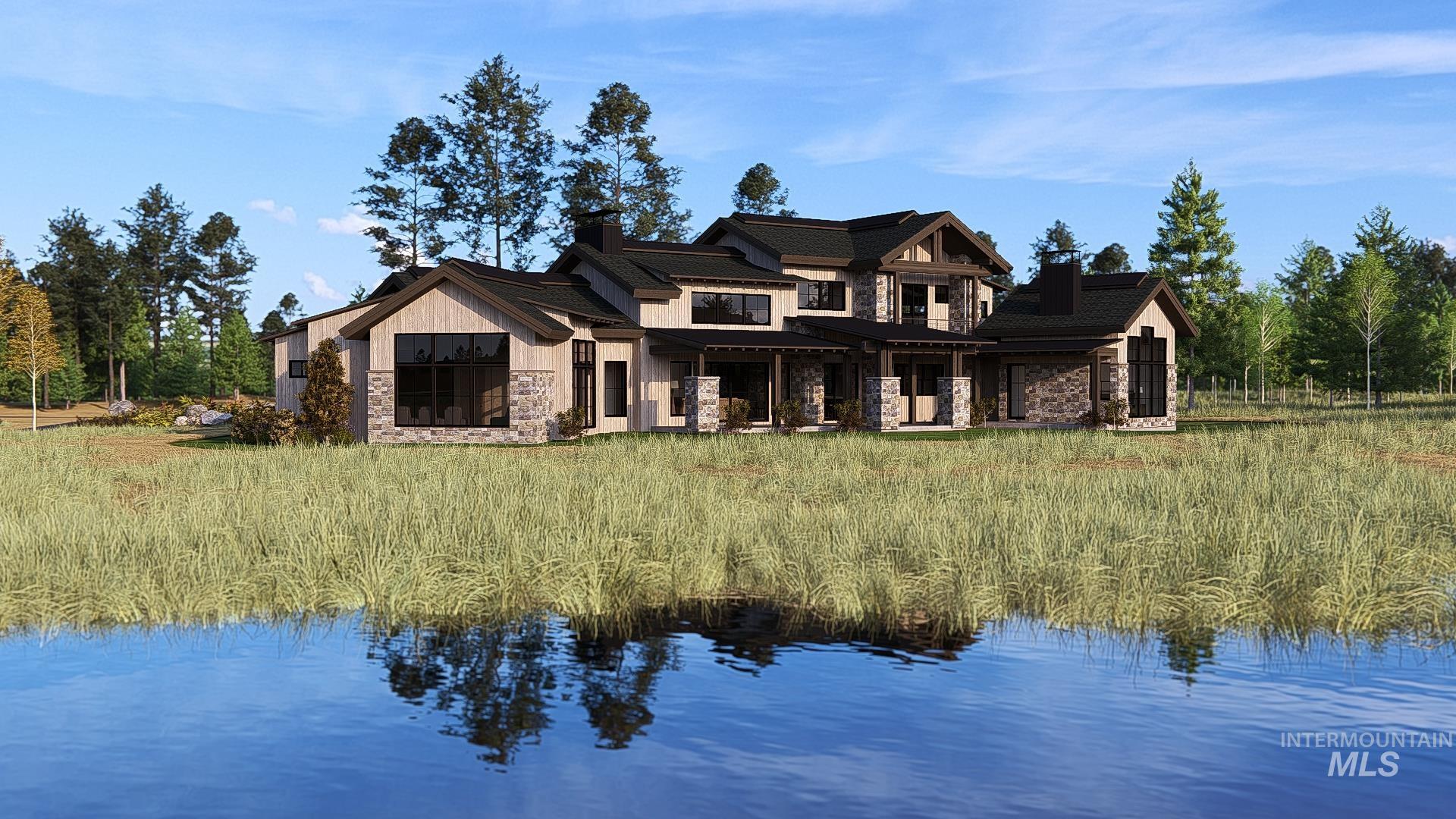 Back of property featuring stone siding, a water view, a chimney, and a porch